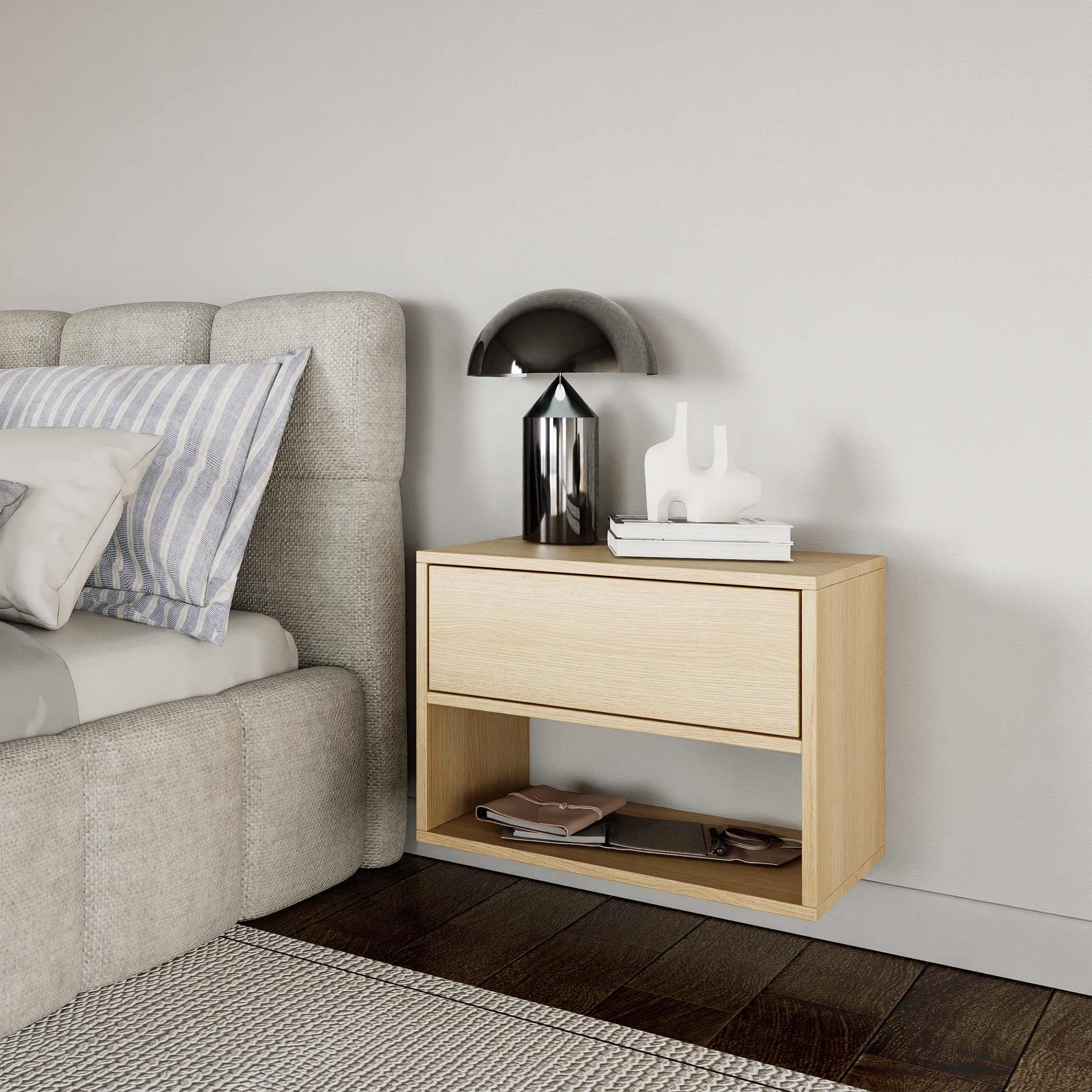 Hängender Nachttisch Framme mit Schublade und Fach, 50 cm, Lindberg-Eiche