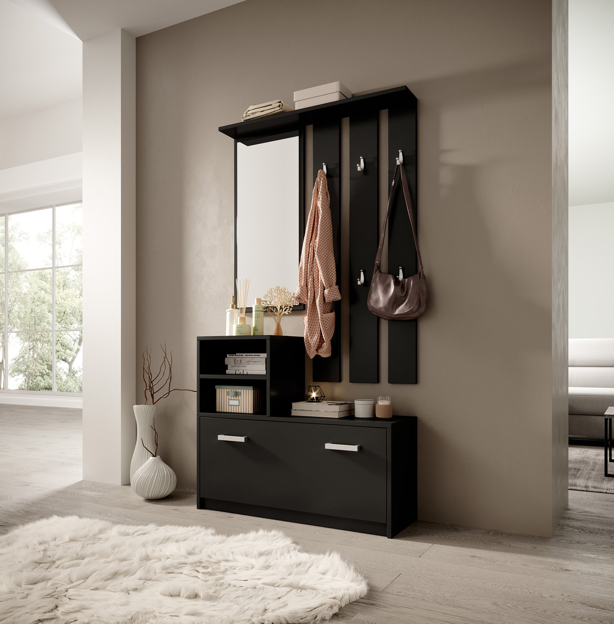 Yesfir Flur-Set mit Spiegel, Haken, Regalen und Schuhschrank Schwarz