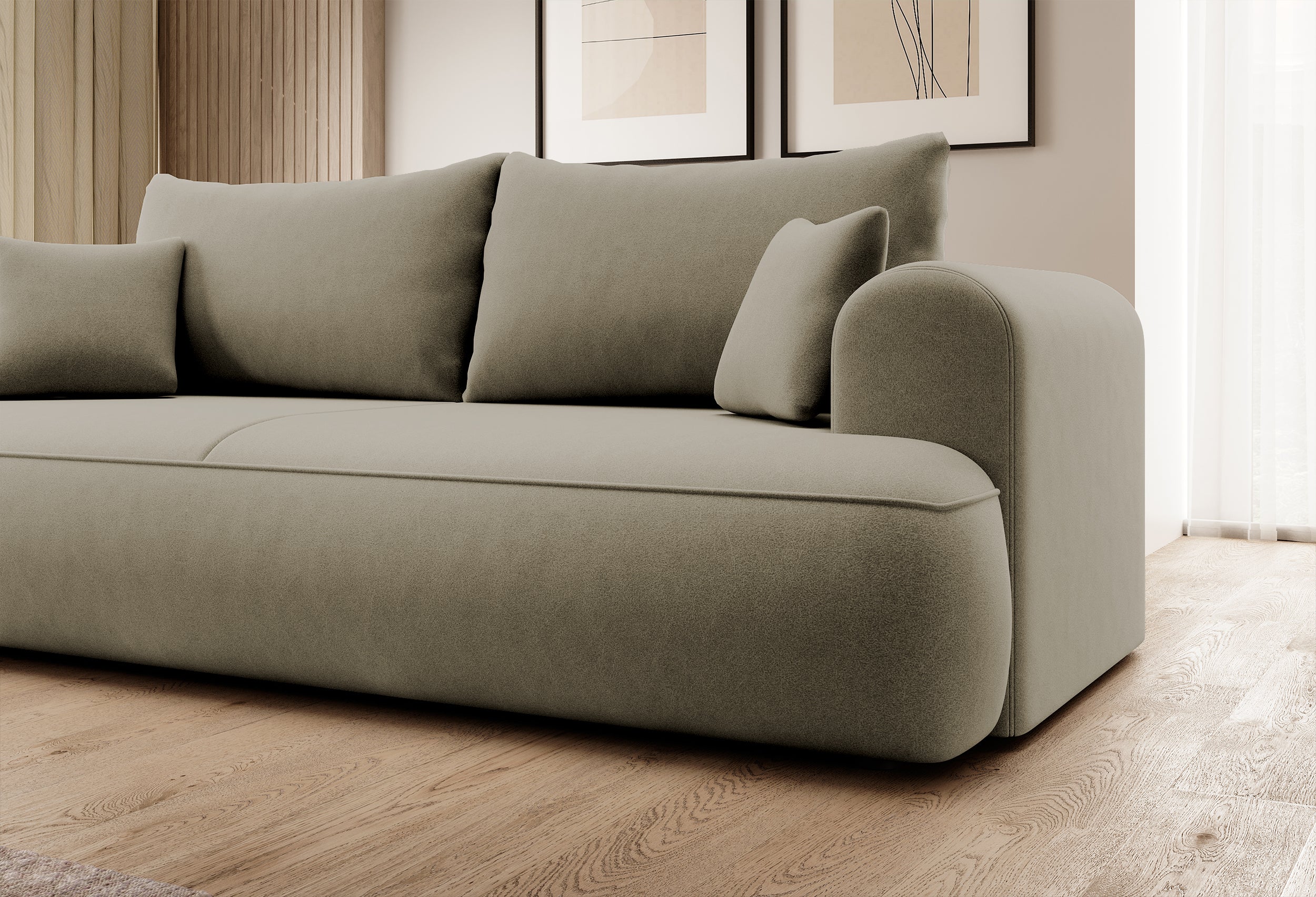 Dreisitziges ausklappbares Sofa Ovo mit Stauraum, beige, Velours aus leicht zu reinigendem Stoff
