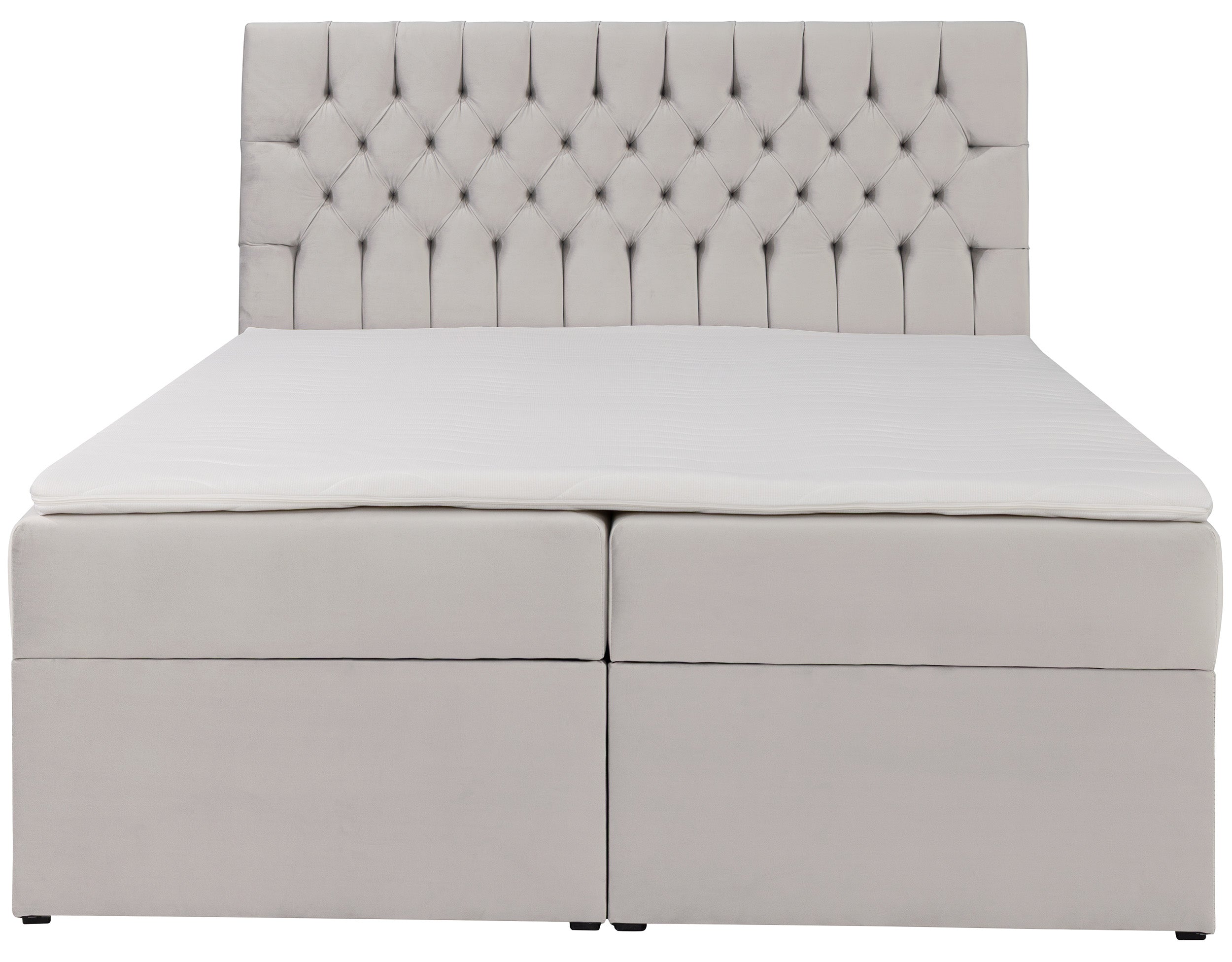 Kontinentales Bett 140x200 cm Daissy mit Stauraum und Topper, hellbeiger Samt