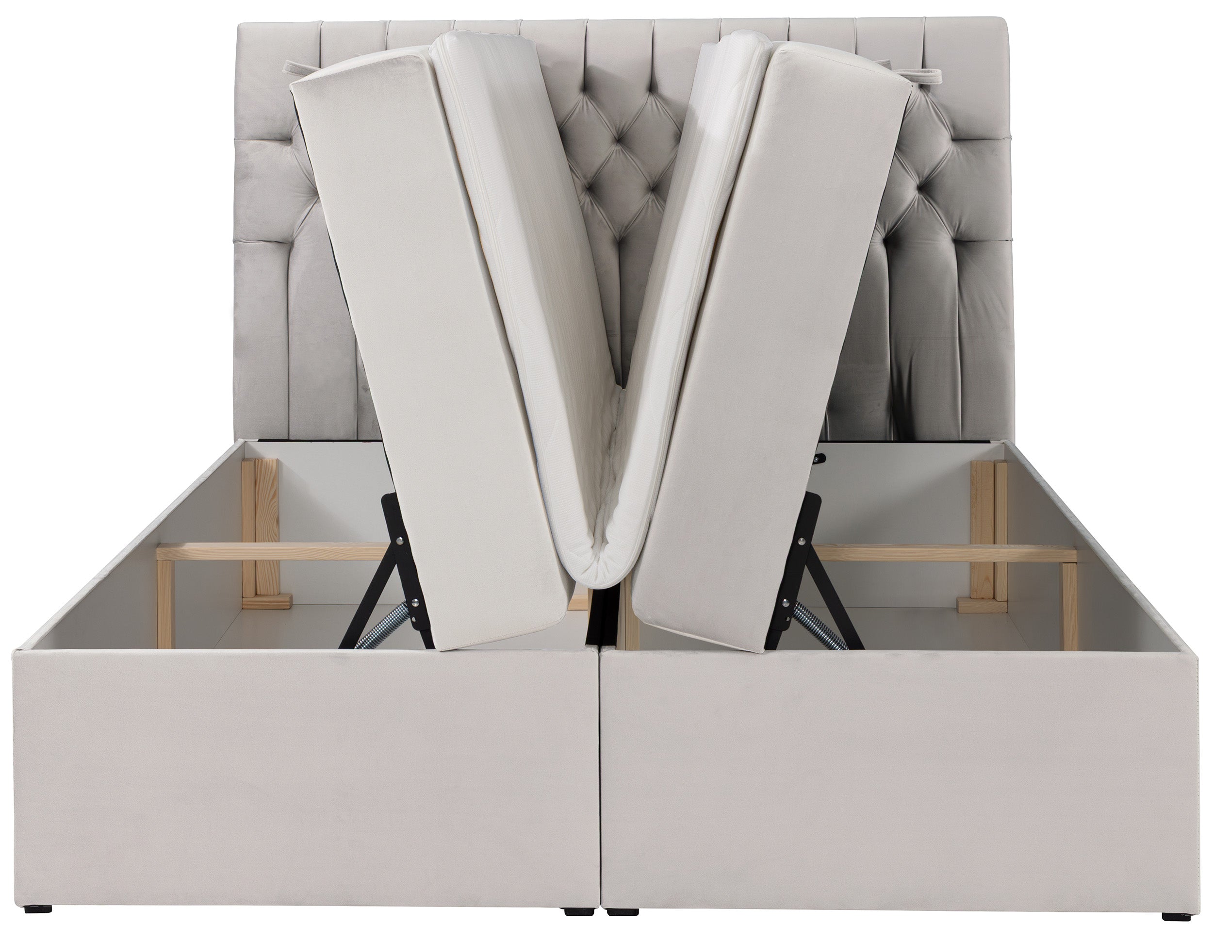 Kontinentales Bett 140x200 cm Daissy mit Stauraum und Topper, hellbeiger Samt