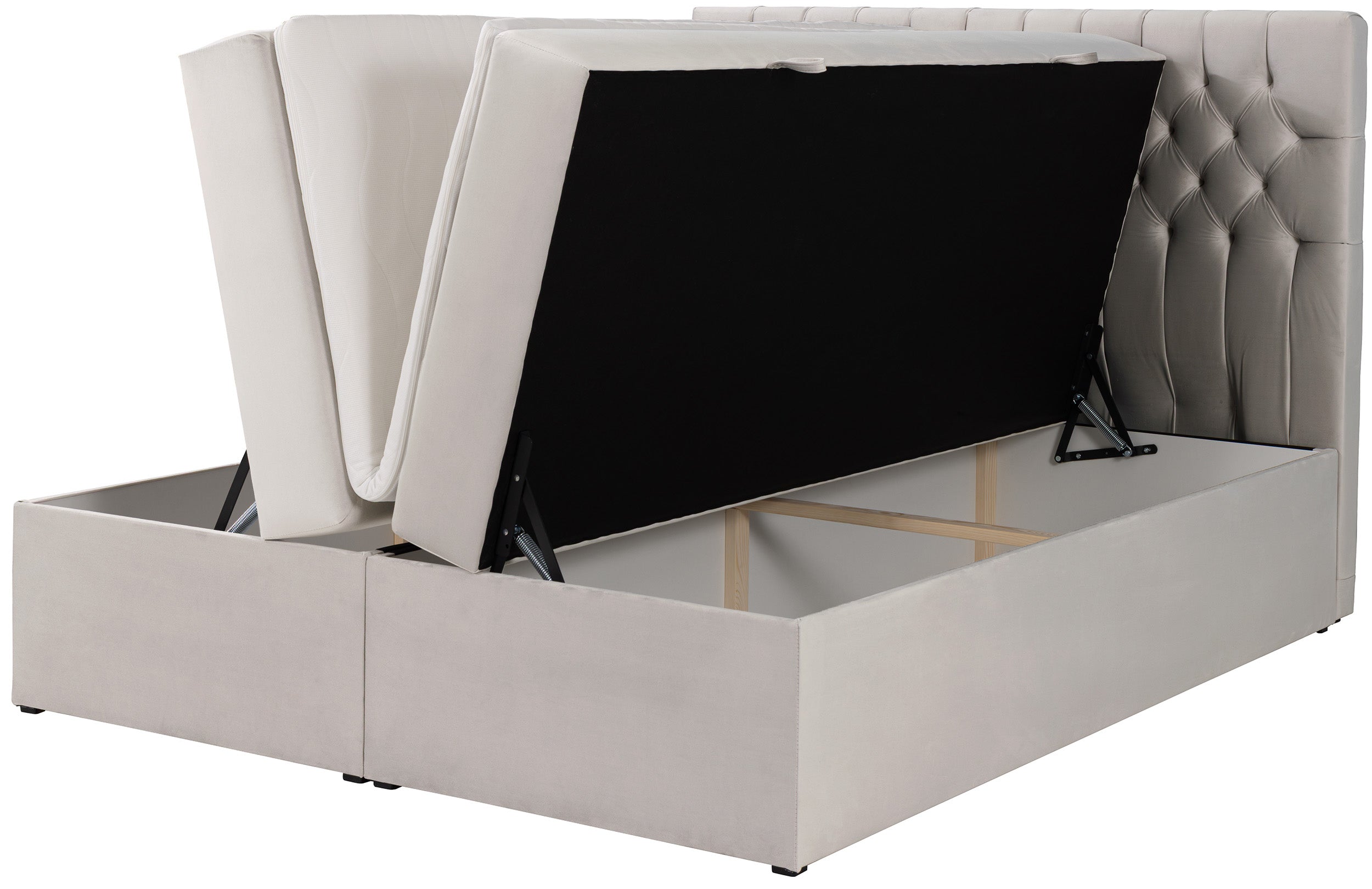Kontinentales Bett 140x200 cm Daissy mit Stauraum und Topper, hellbeiger Samt