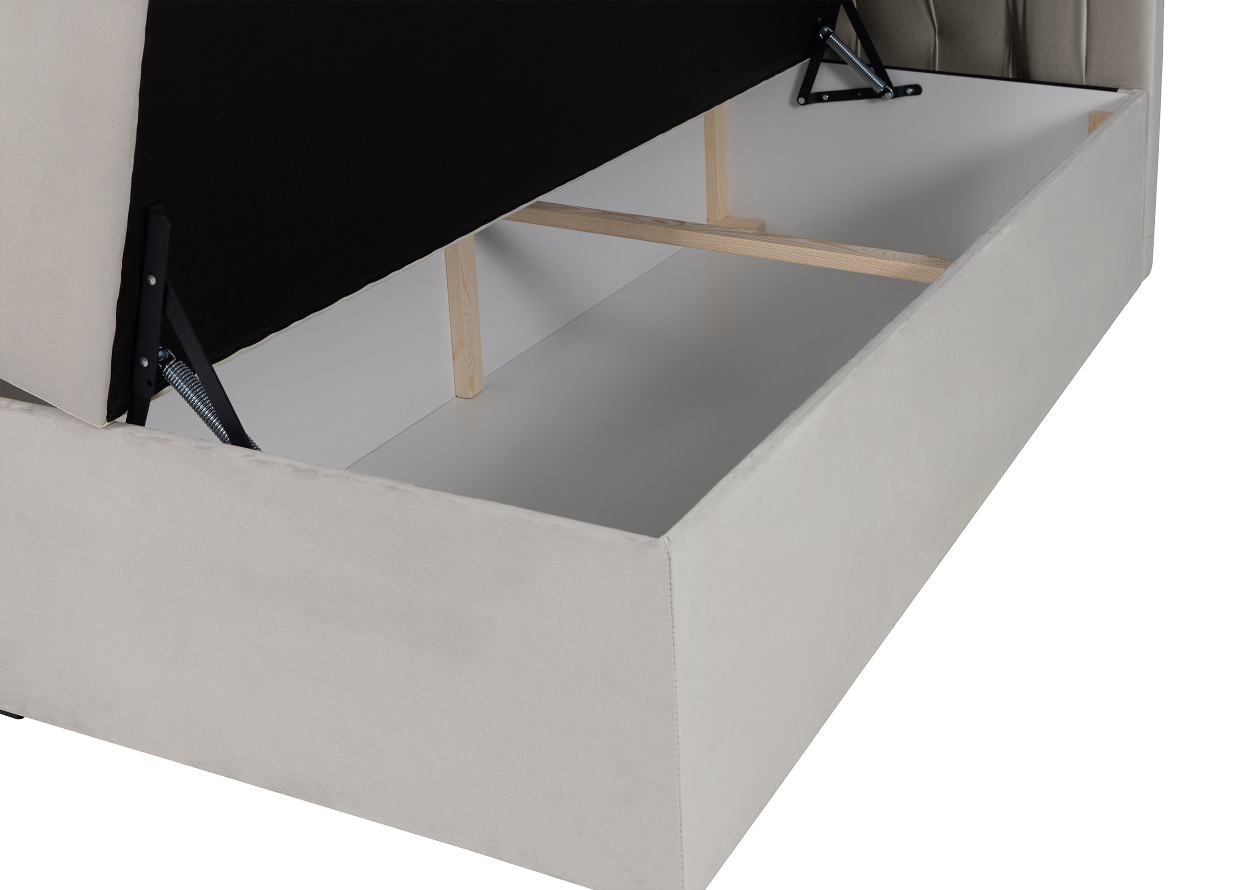Kontinentales Bett 140x200 cm Daissy mit Stauraum und Topper, hellbeiger Samt