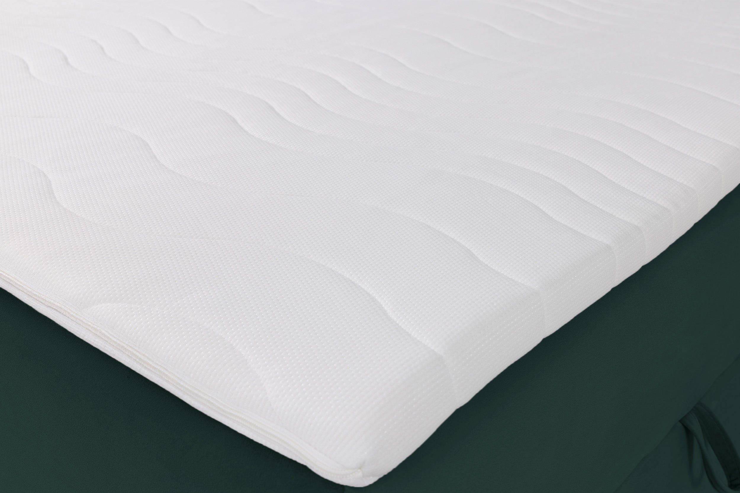 Kontinentales Bett 180x200 cm Daissy mit Stauraum und Topper, Flaschengrün Samt