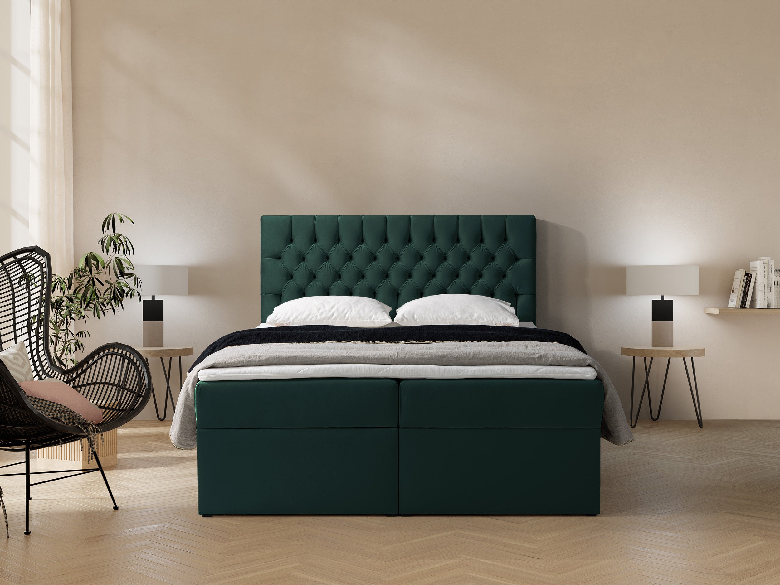 Kontinentales Bett 180x200 cm Daissy mit Stauraum und Topper, Flaschengrün Samt