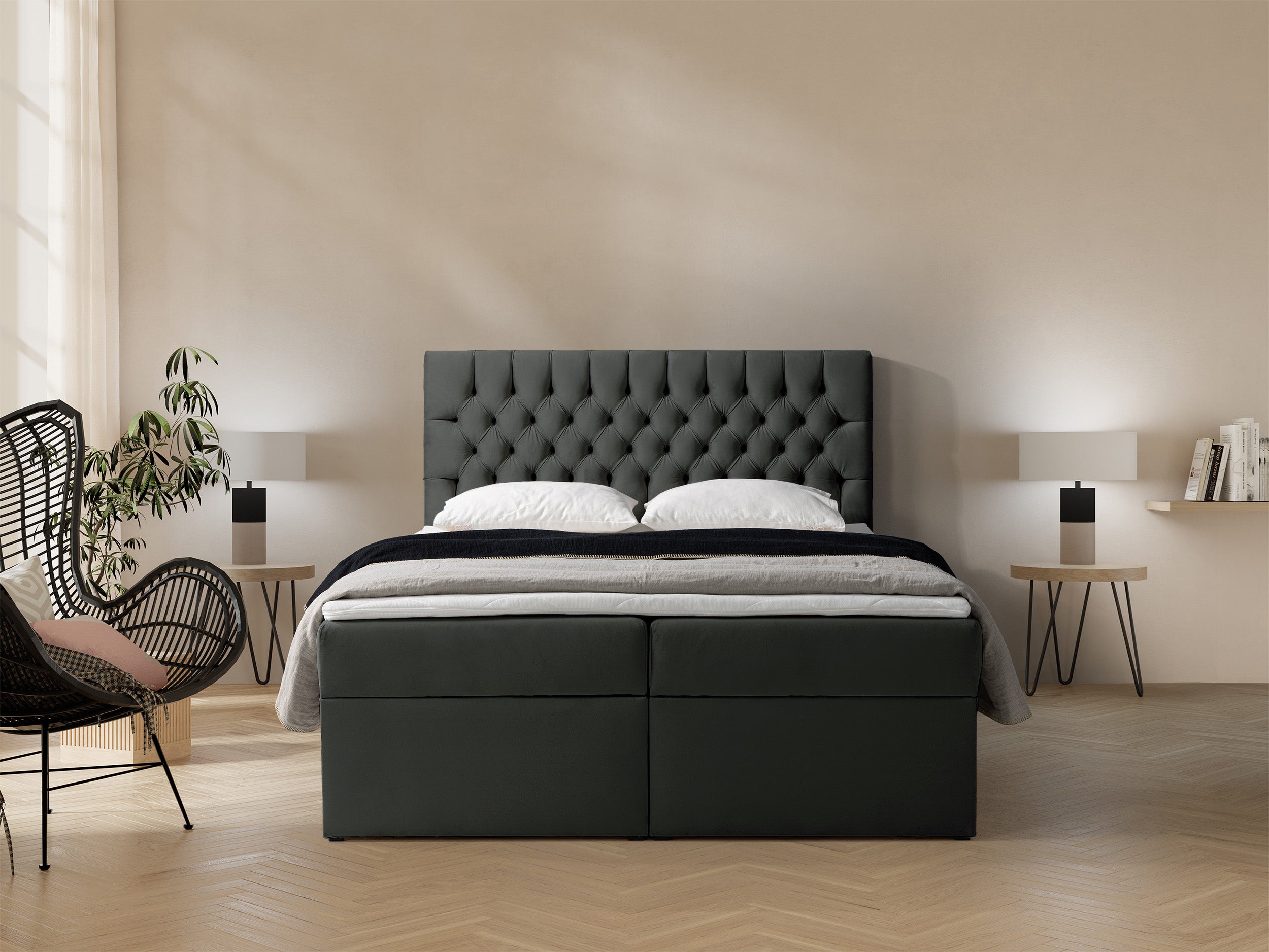 Kontinentales Bett 180x200 cm Daissy mit Stauraum und Topper, dunkelgrauer Samt