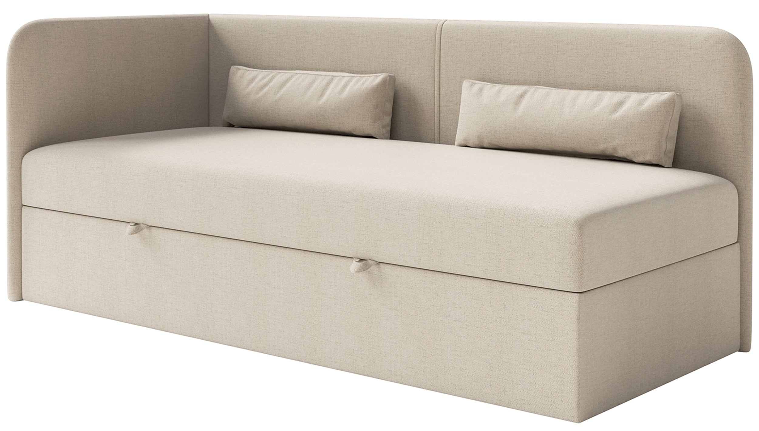 Jugendbett 90x200 cm Calmmo, linksseitig, mit Stauraum, hellbeige Chenille, wasserabweisend