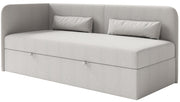 Jugendbett 90x200 cm Calmmo linksseitig mit Stauraum hellgrauer hydrophober Chenille-Stoff