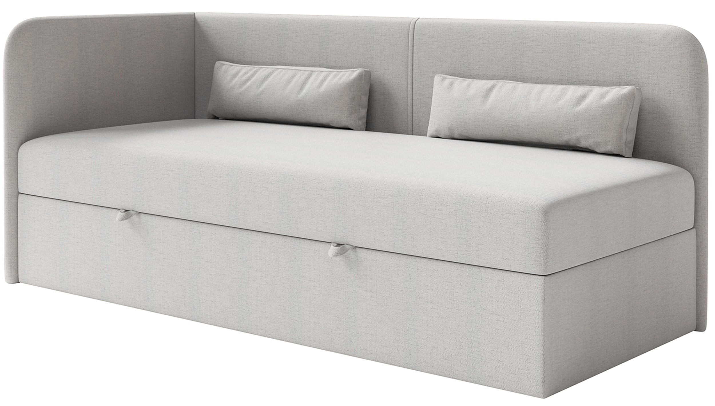 Jugendbett 90x200 cm Calmmo linksseitig mit Stauraum hellgrauer hydrophober Chenille-Stoff