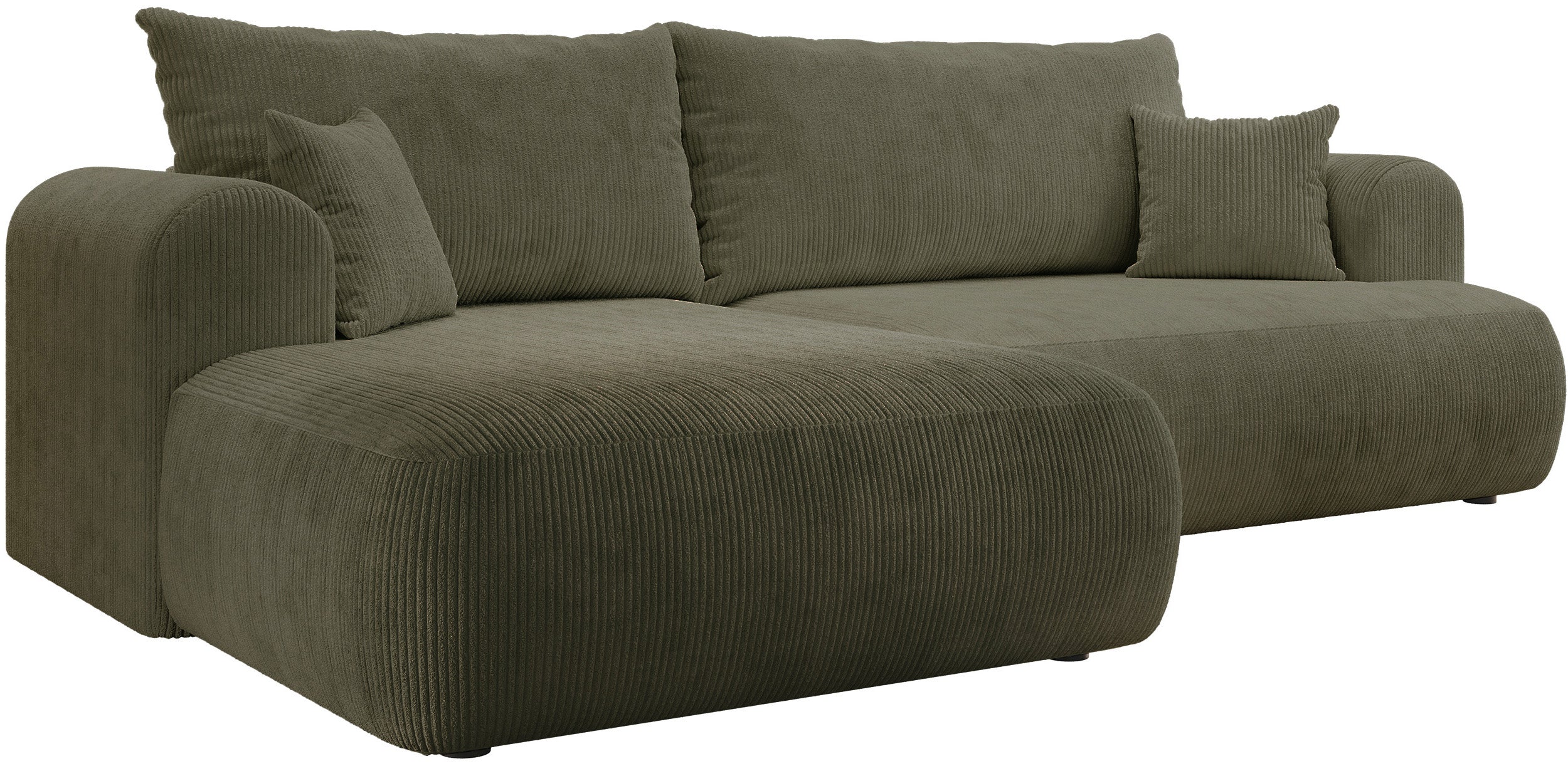 Ecksofa mit Schlaffunktion Ovo Cord L-förmig linksseitig mit Stauraum olivgrüner Cordstoff