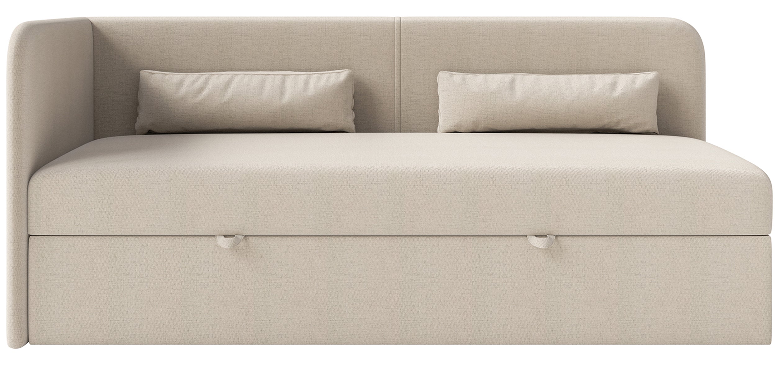 Jugendbett 90x200 cm Calmmo, linksseitig, mit Stauraum, hellbeige Chenille, wasserabweisend