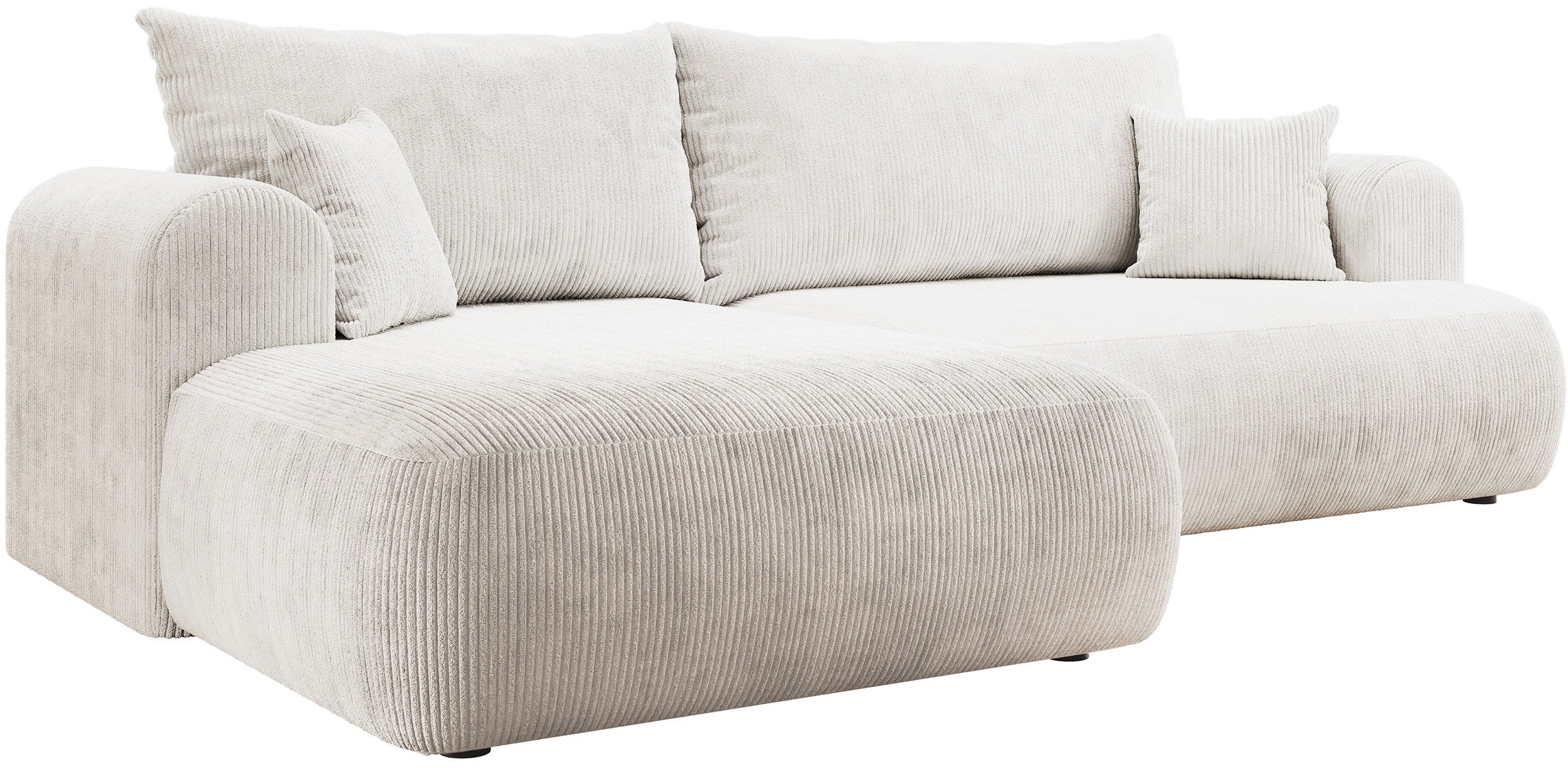 Ecksofa mit Schlaffunktion Ovo Cord, L-förmig, linksseitig, mit Stauraum, weißer Cordstoff