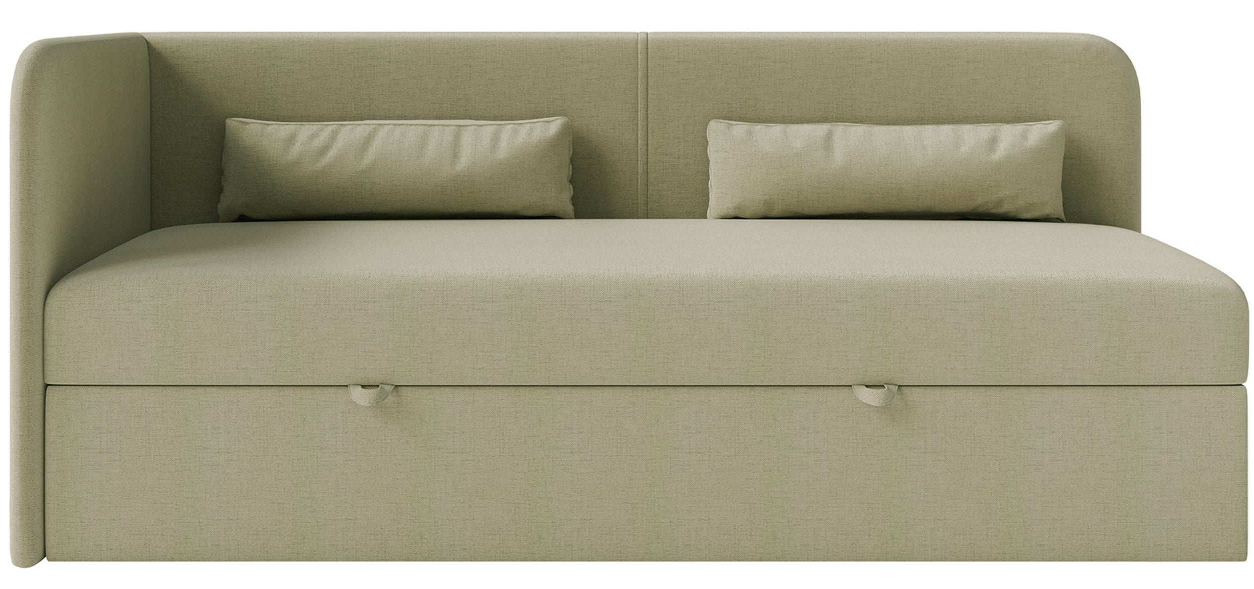 Jugendbett 90x200 cm Calmmo linksseitig mit Stauraum, olivgrüner hydrophober Chenille-Stoff