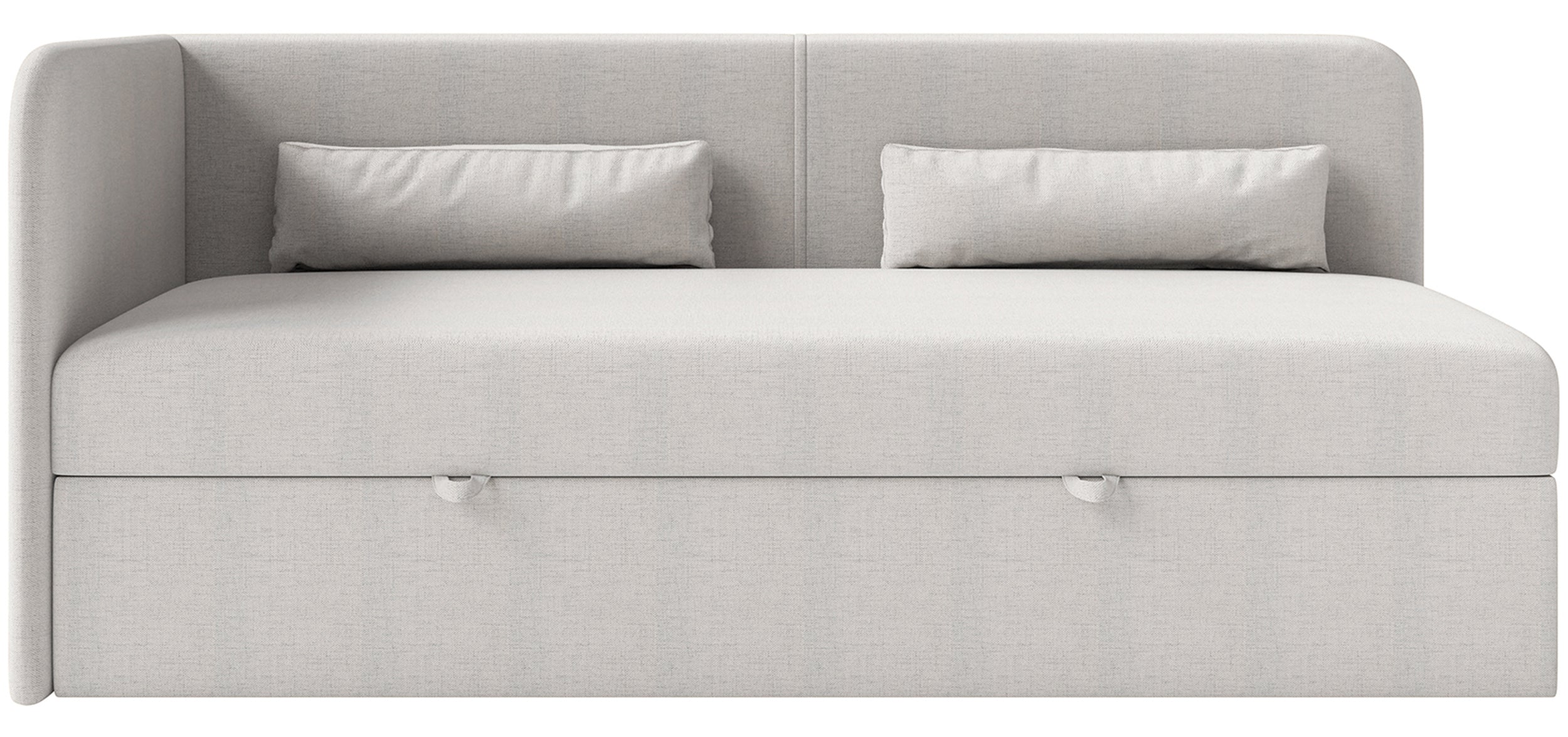 Jugendbett 90x200 cm Calmmo linksseitig mit Stauraum hellgrauer hydrophober Chenille-Stoff