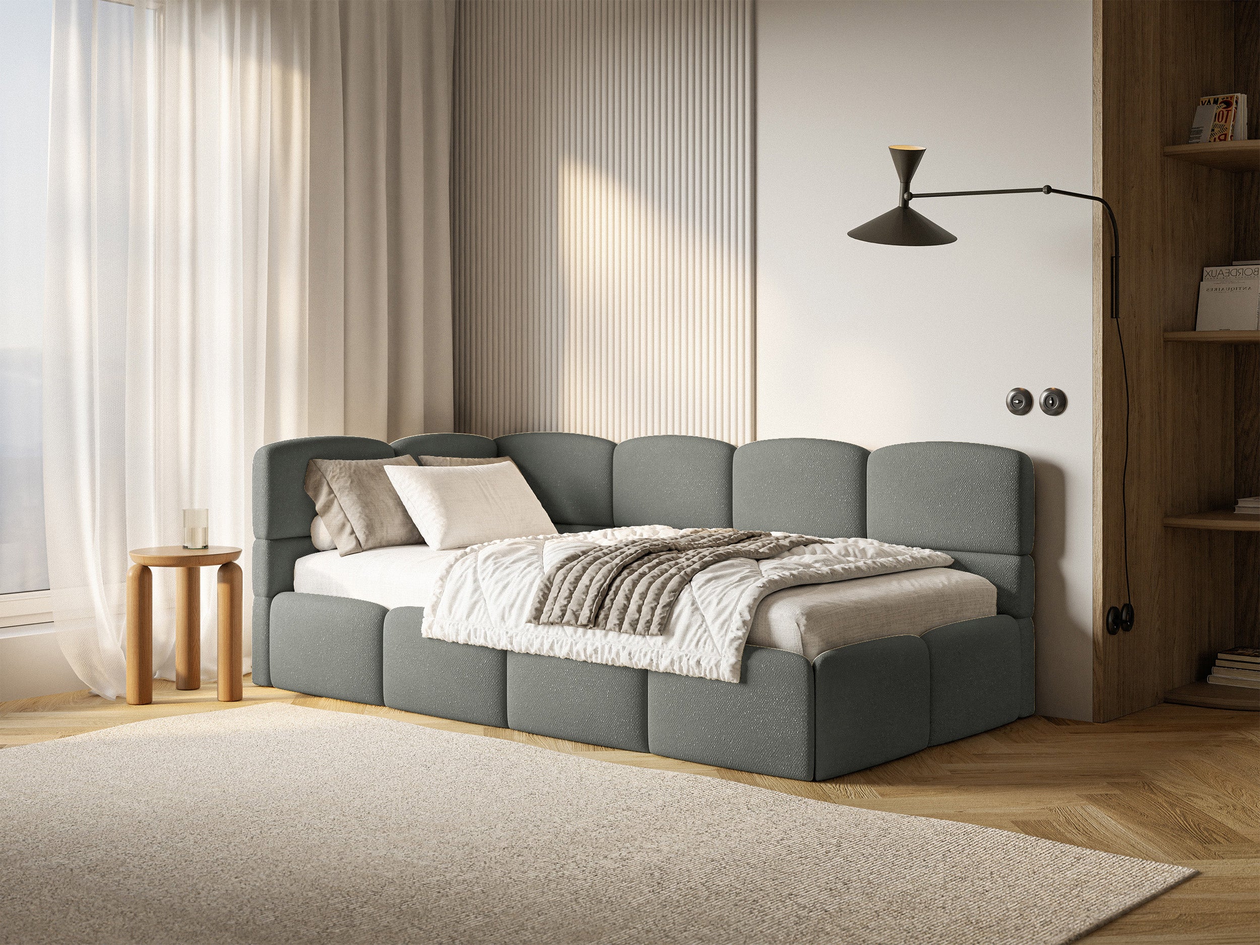 Jugendbett 90x200 cm Cloudy linksseitig mit Stauraum und dunkelgrauen Chenille-Gittern