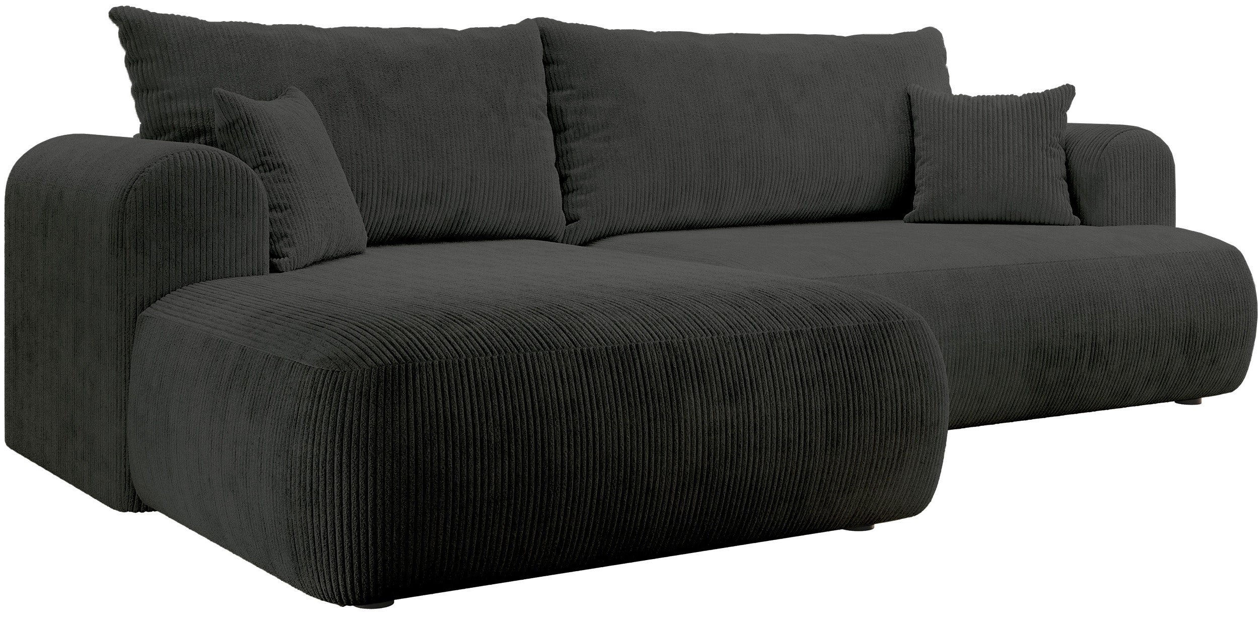 Ecksofa mit Schlaffunktion Ovo Cord, L-förmig, linksseitig, mit Stauraum, dunkelgrauer Cordstoff