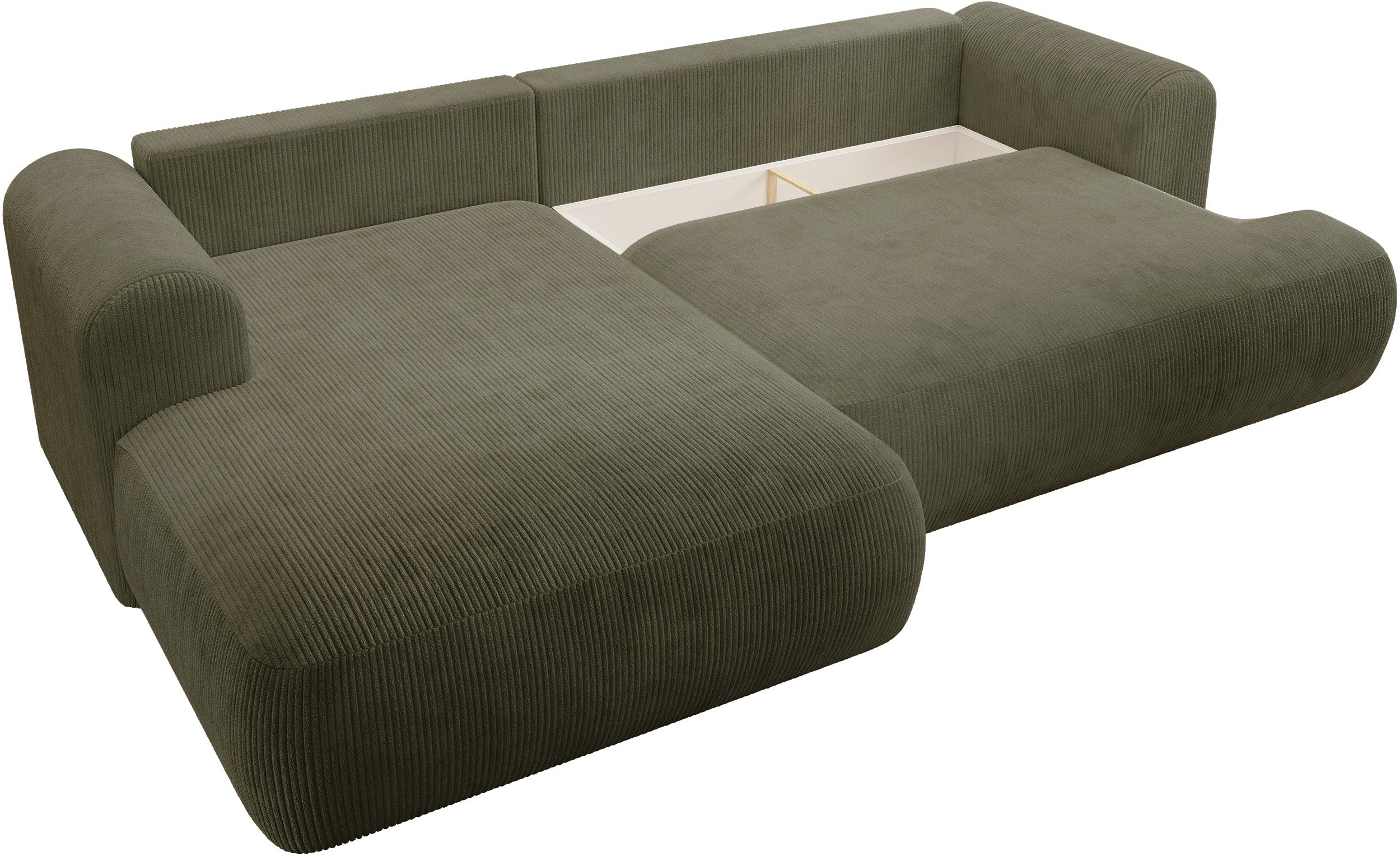 Ecksofa mit Schlaffunktion Ovo Cord L-förmig linksseitig mit Stauraum olivgrüner Cordstoff
