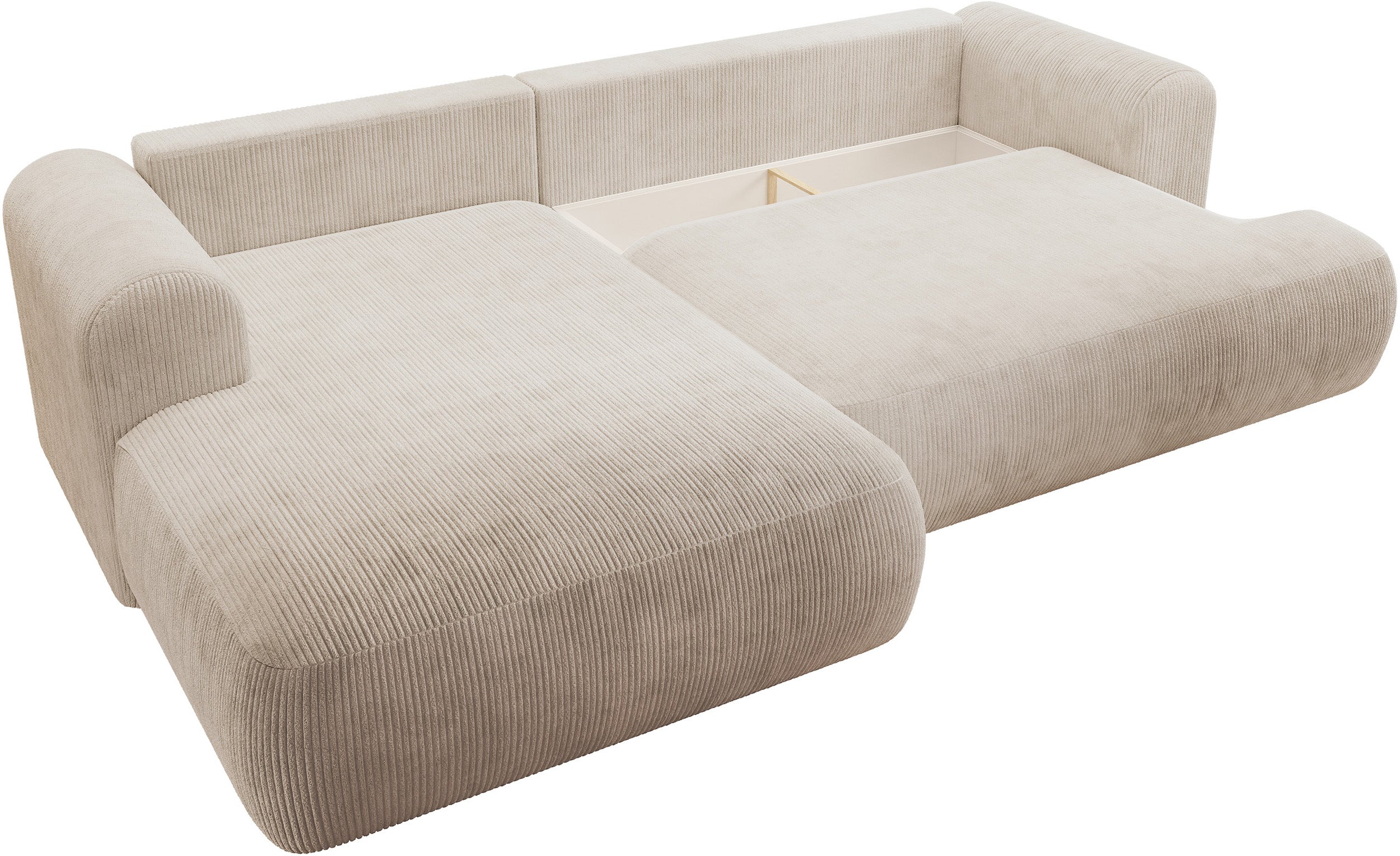 Ovo Cord Ecksofa mit Schlaffunktion, L-Form, linksseitig, mit Stauraum, hellbeige Cordstoff
