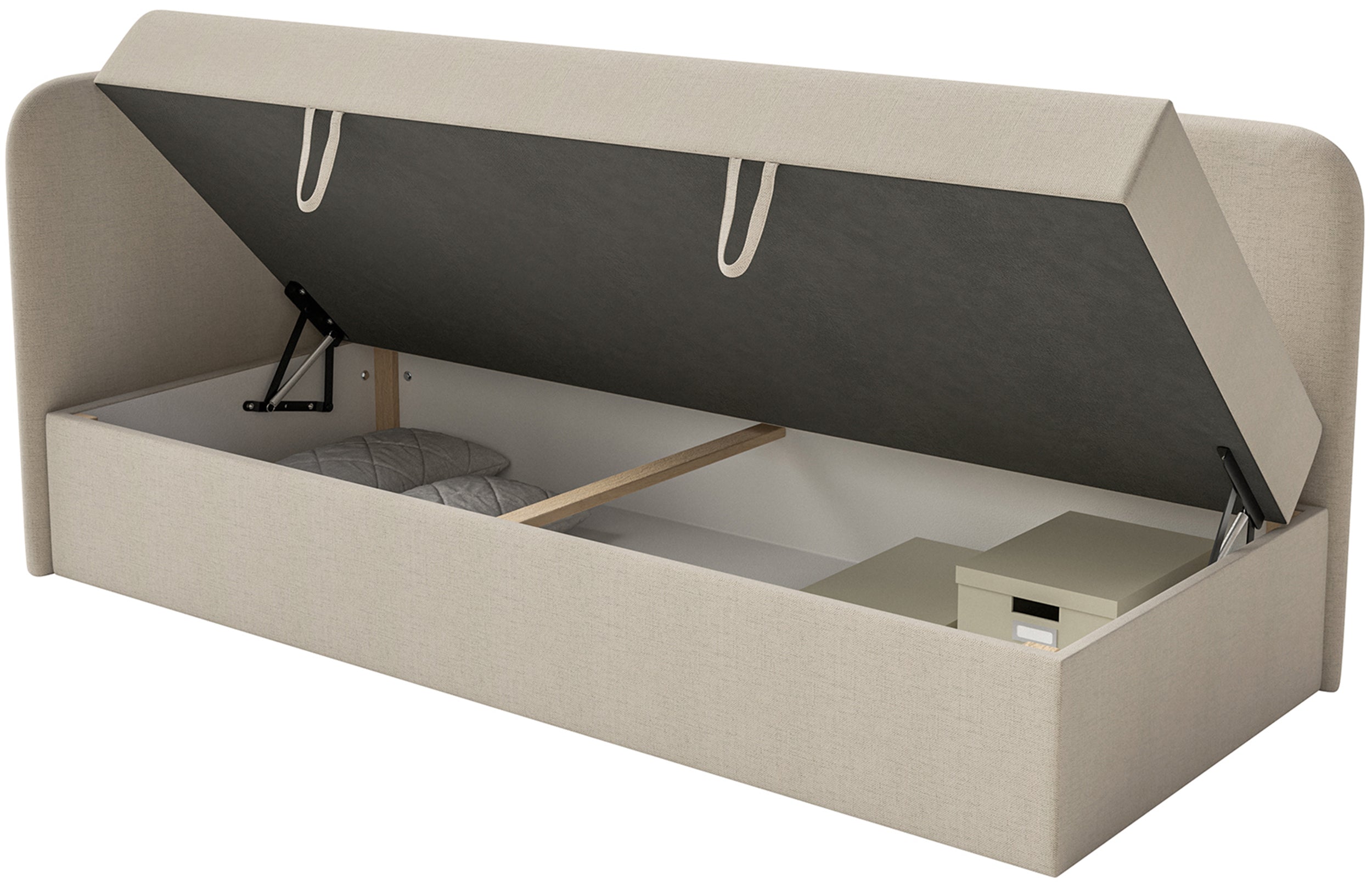 Jugendbett 90x200 cm Calmmo, linksseitig, mit Stauraum, hellbeige Chenille, wasserabweisend