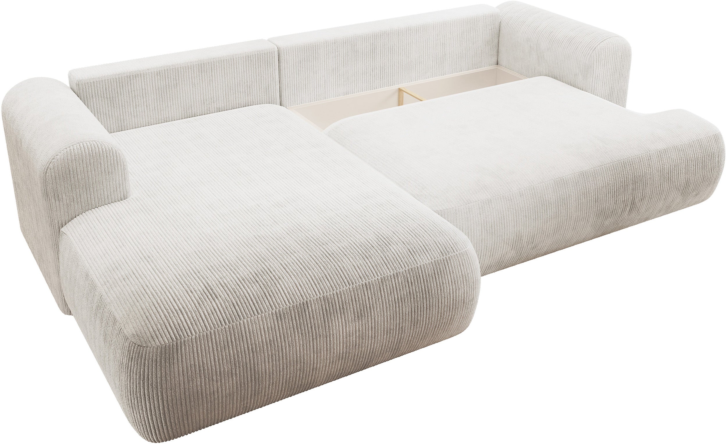 Ecksofa mit Schlaffunktion Ovo Cord, L-förmig, linksseitig, mit Stauraum, weißer Cordstoff
