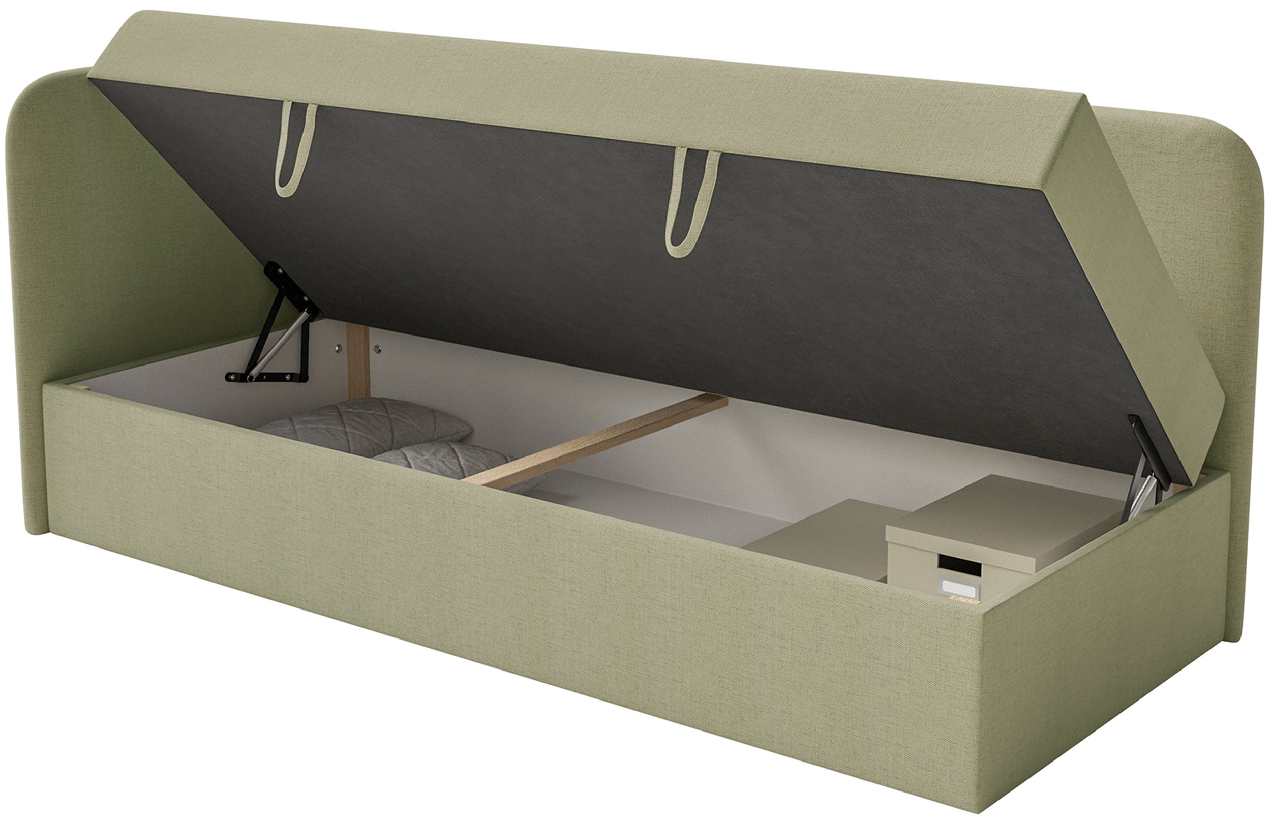 Jugendbett 90x200 cm Calmmo linksseitig mit Stauraum, olivgrüner hydrophober Chenille-Stoff