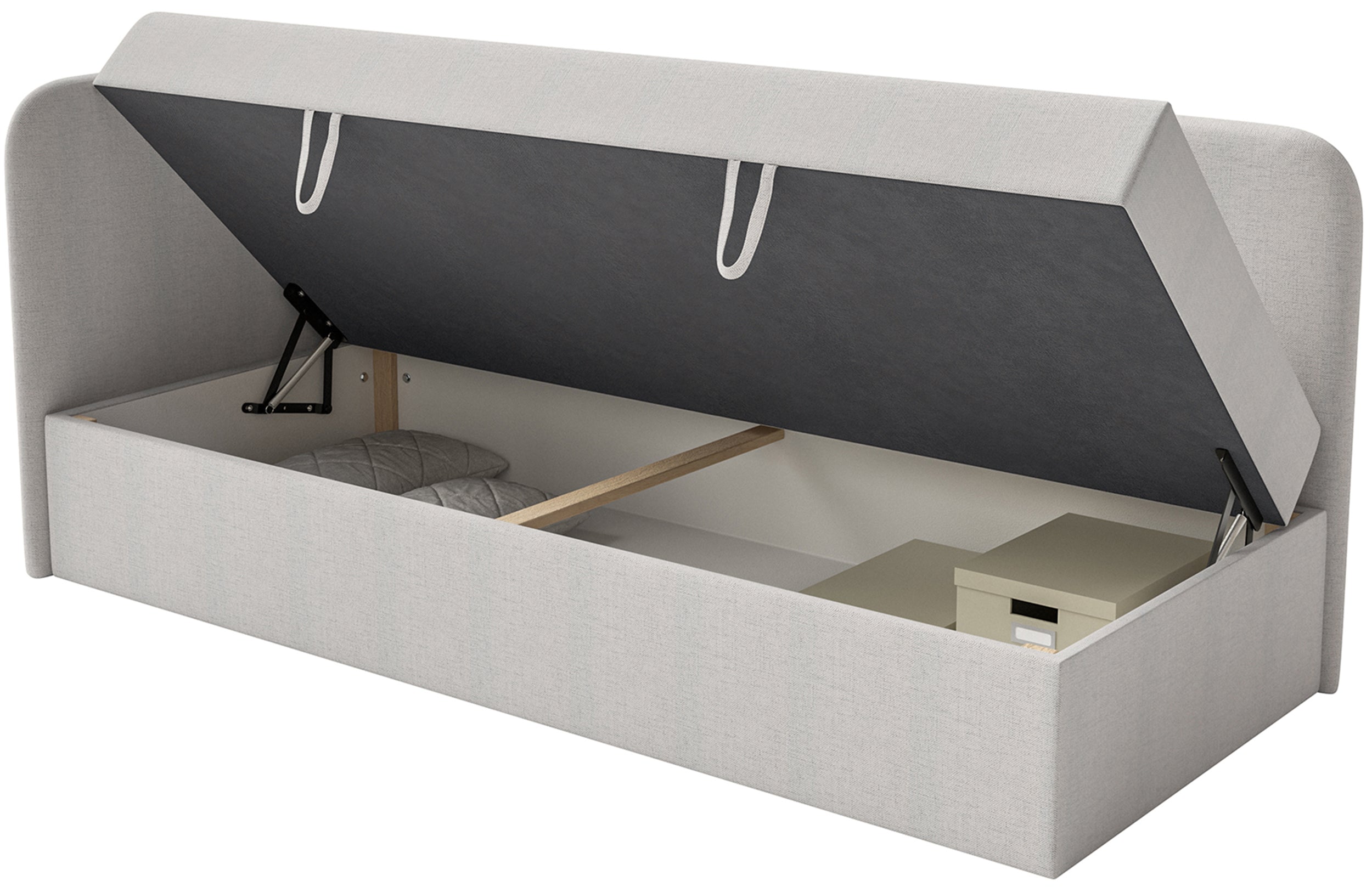Jugendbett 90x200 cm Calmmo linksseitig mit Stauraum hellgrauer hydrophober Chenille-Stoff