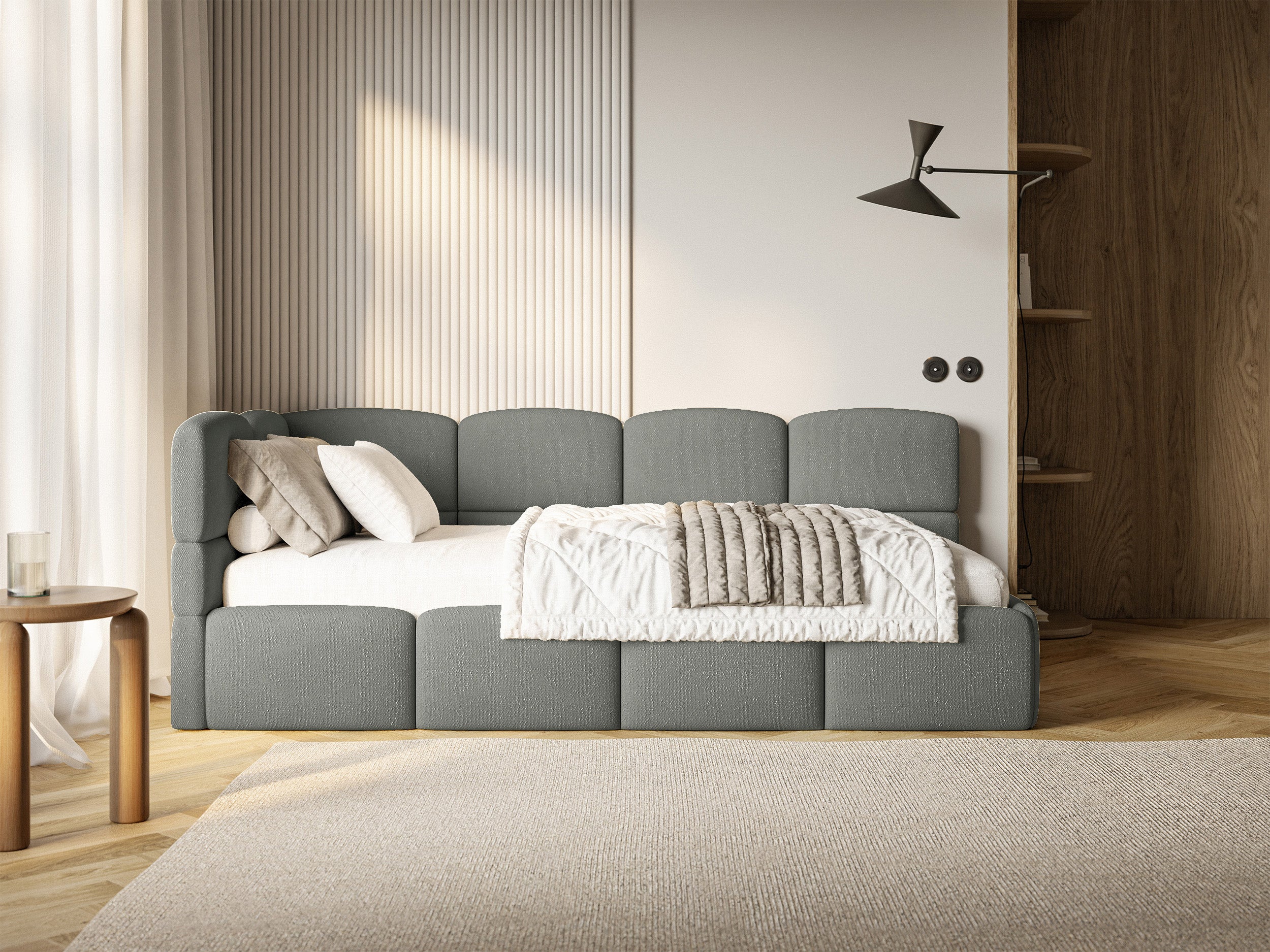 Jugendbett 90x200 cm Cloudy linksseitig mit Stauraum, dunkelgrauer Chenillebezug