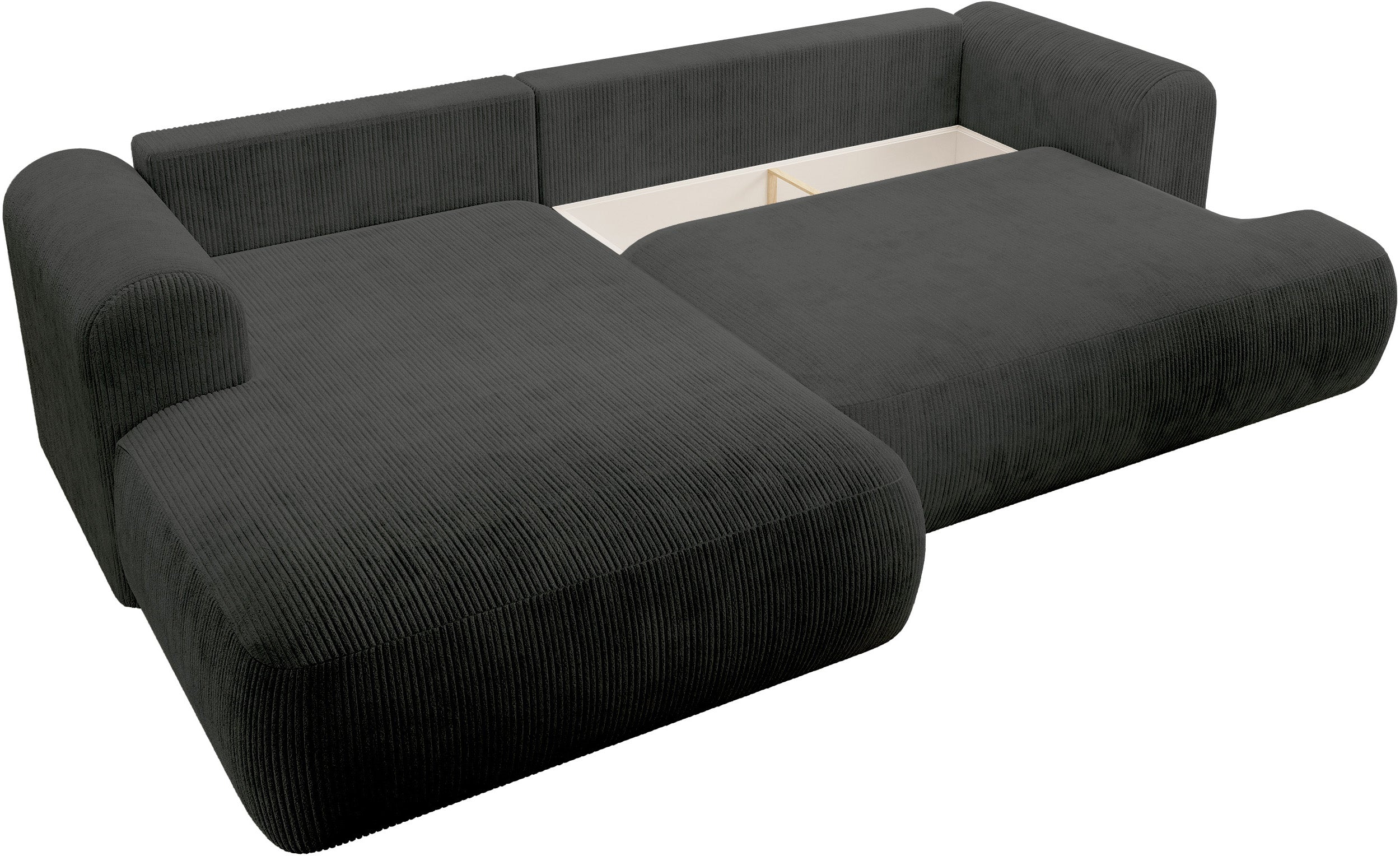 Ecksofa mit Schlaffunktion Ovo Cord, L-förmig, linksseitig, mit Stauraum, dunkelgrauer Cordstoff
