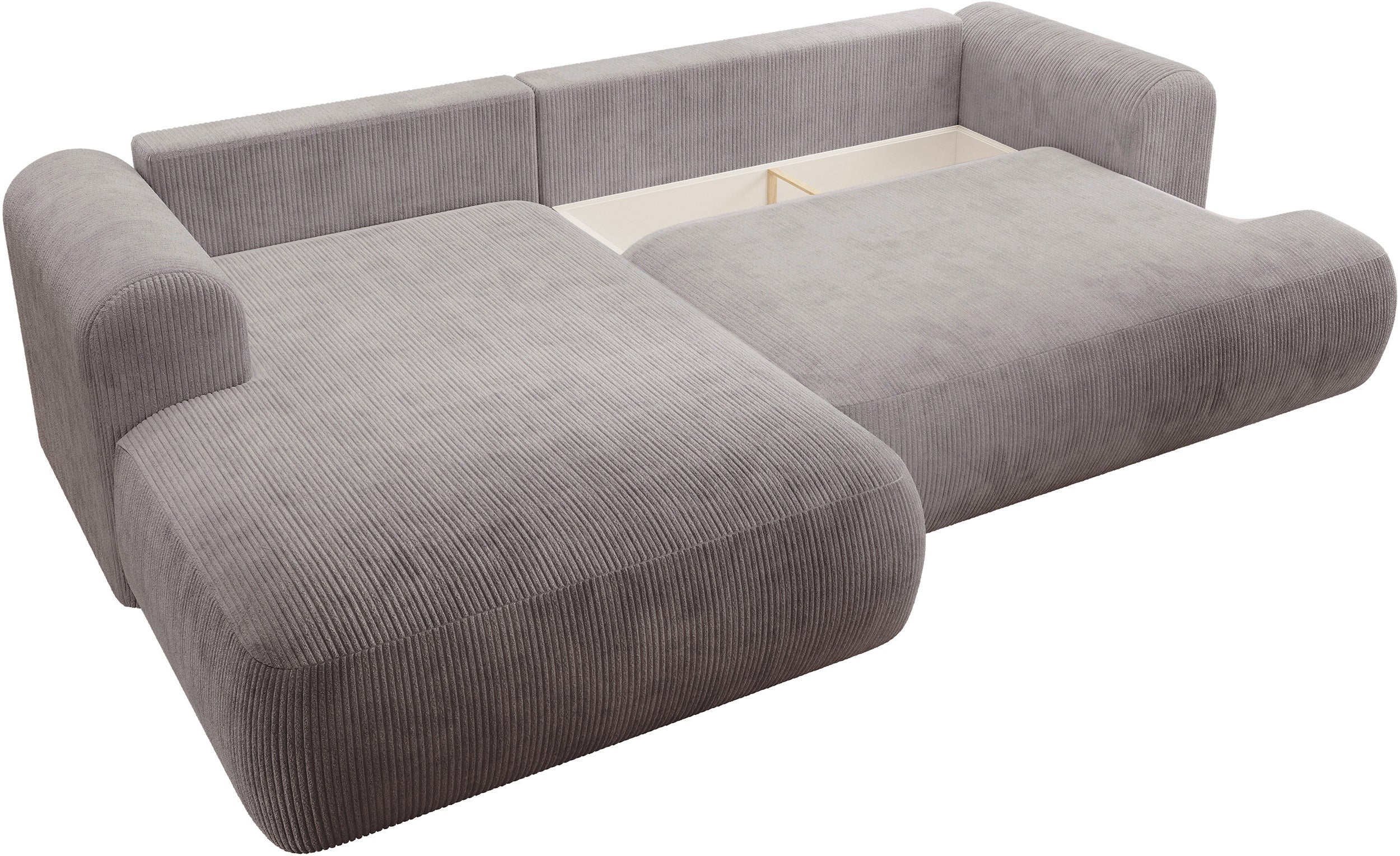 Ecksofa mit Schlaffunktion Ovo Cord, L-förmig, linksseitig, mit Stauraum, hellgrauer Cordstoff