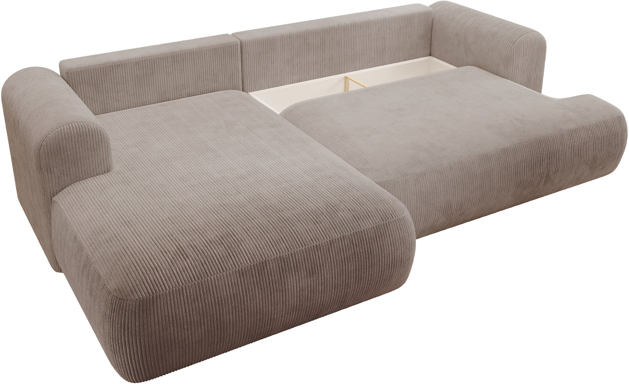 Ecksofa mit Schlaffunktion Ovo Cord, L-förmig, linksseitig, mit Stauraum, beige Cordstoff