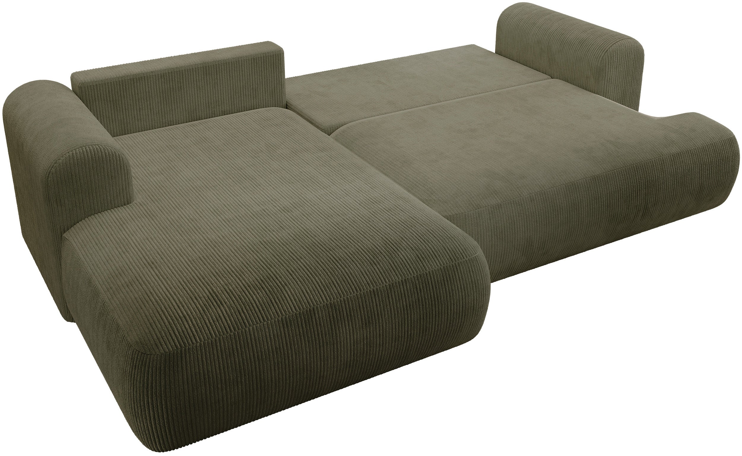 Ecksofa mit Schlaffunktion Ovo Cord L-förmig linksseitig mit Stauraum olivgrüner Cordstoff