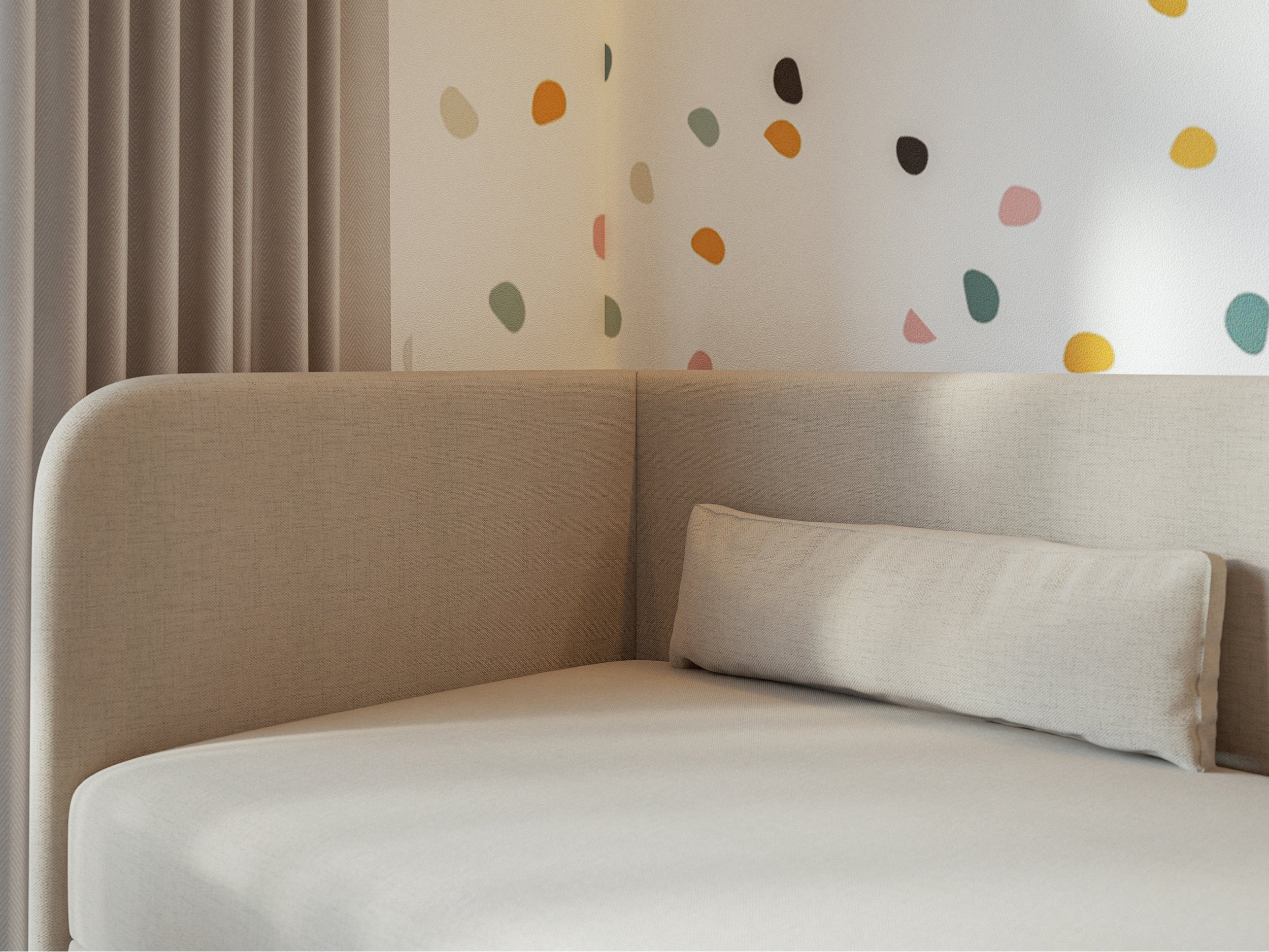 Jugendbett 90x200 cm Calmmo, linksseitig, mit Stauraum, hellbeige Chenille, wasserabweisend