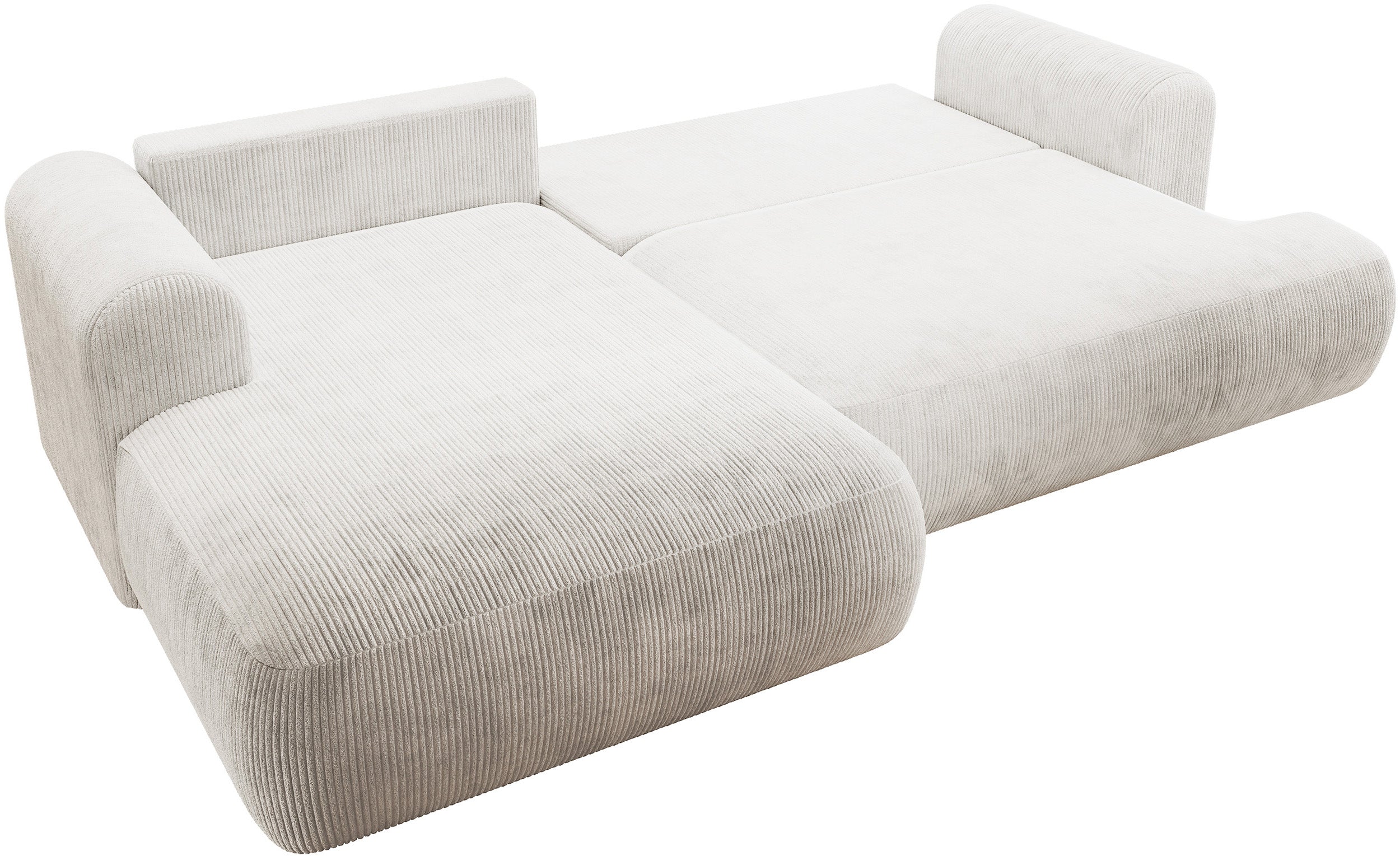 Ecksofa mit Schlaffunktion Ovo Cord, L-förmig, linksseitig, mit Stauraum, weißer Cordstoff