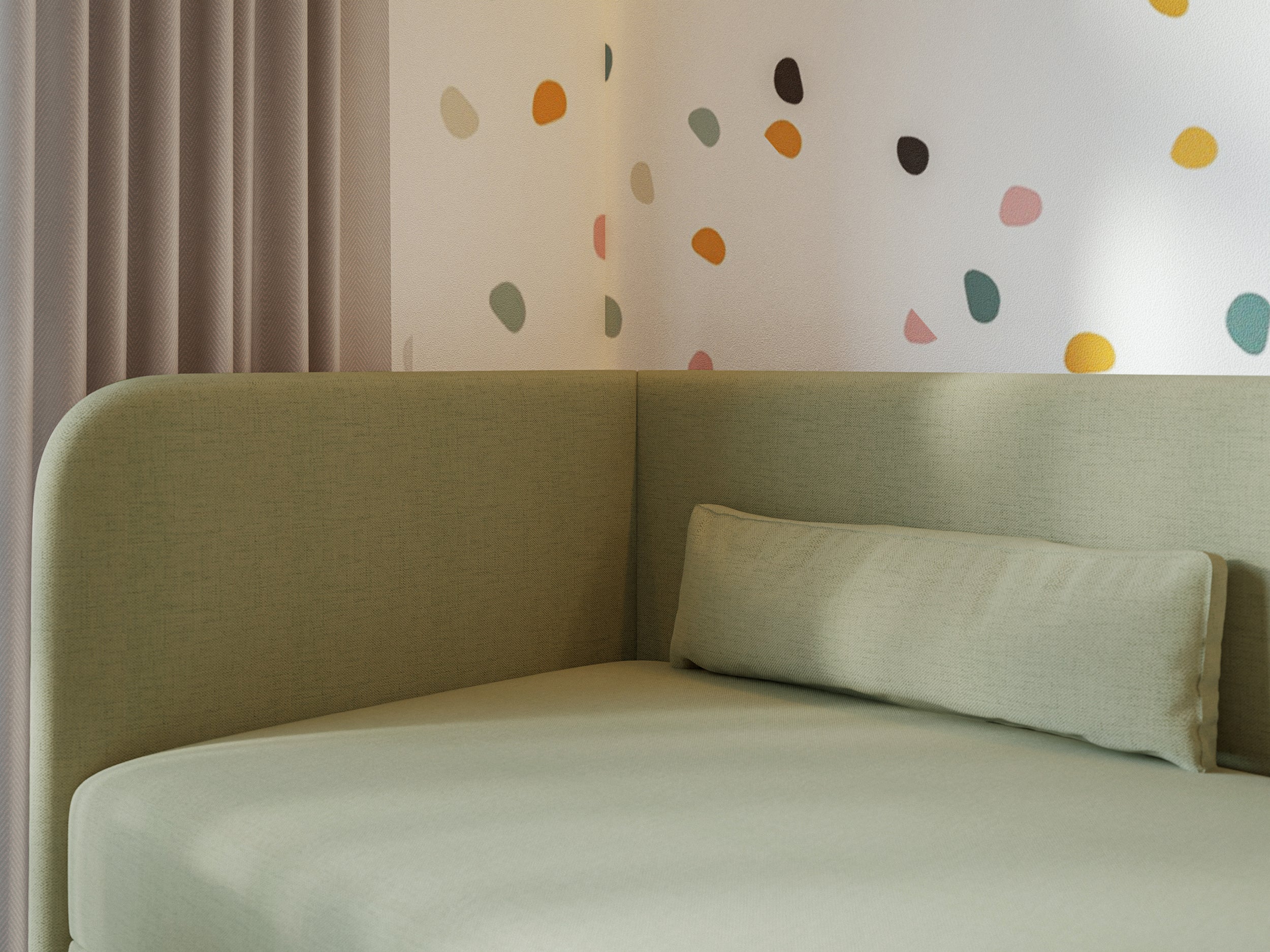 Jugendbett 90x200 cm Calmmo linksseitig mit Stauraum, olivgrüner hydrophober Chenille-Stoff