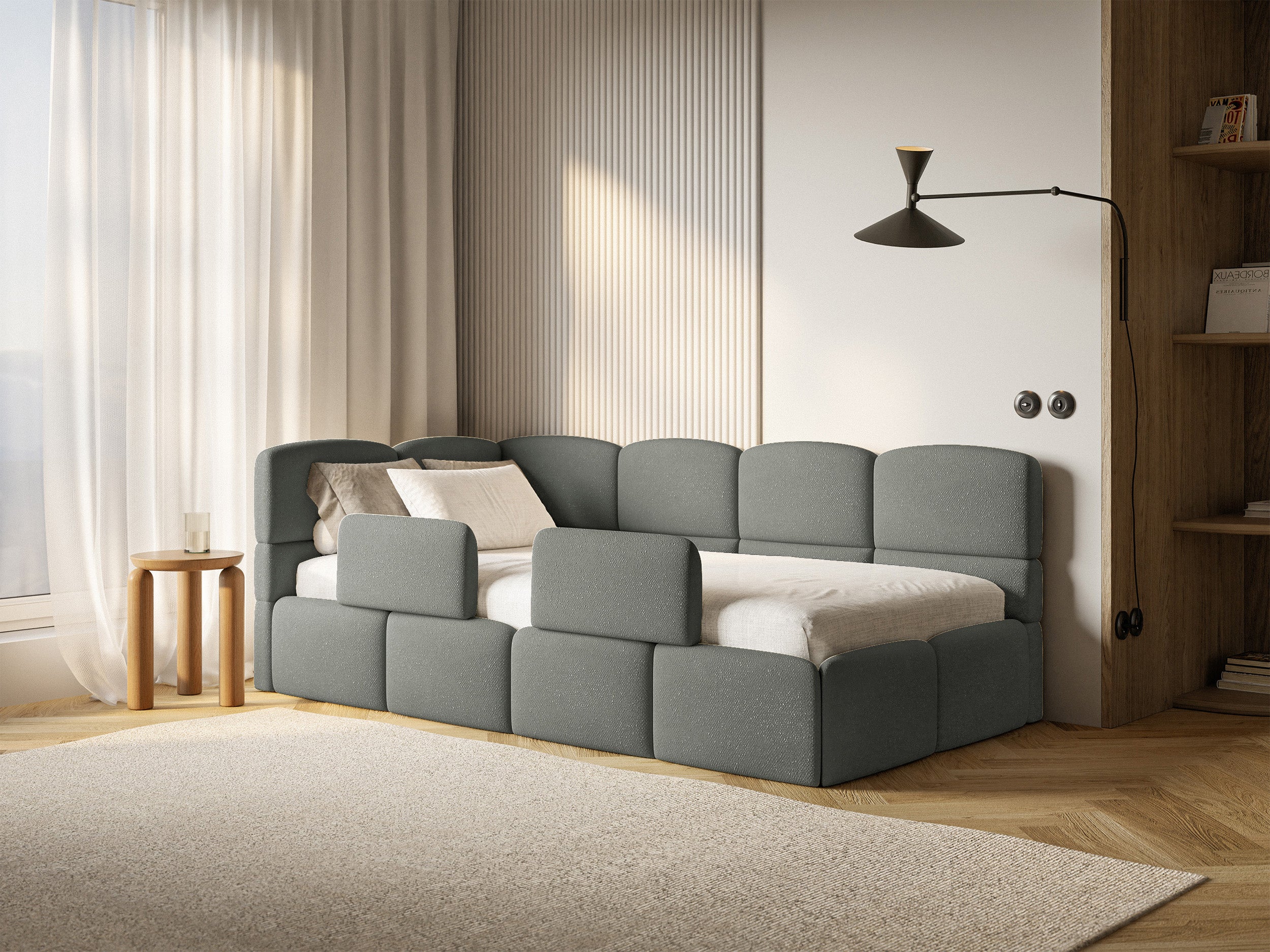 Jugendbett 90x200 cm Cloudy linksseitig mit Stauraum und dunkelgrauen Chenille-Gittern