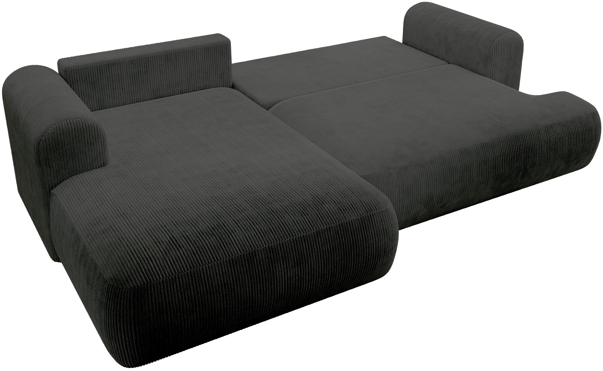 Ecksofa mit Schlaffunktion Ovo Cord, L-förmig, linksseitig, mit Stauraum, dunkelgrauer Cordstoff