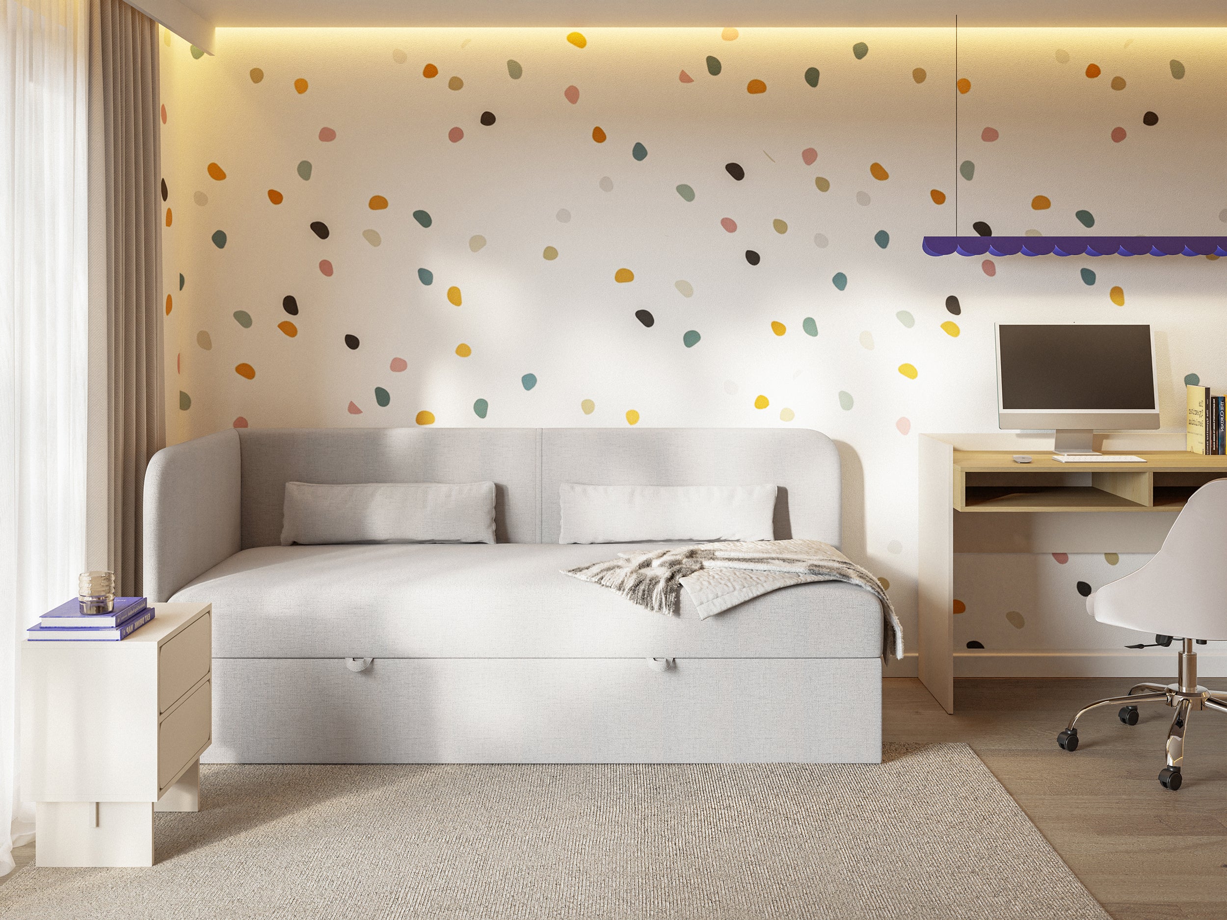 Jugendbett 90x200 cm Calmmo linksseitig mit Stauraum hellgrauer hydrophober Chenille-Stoff