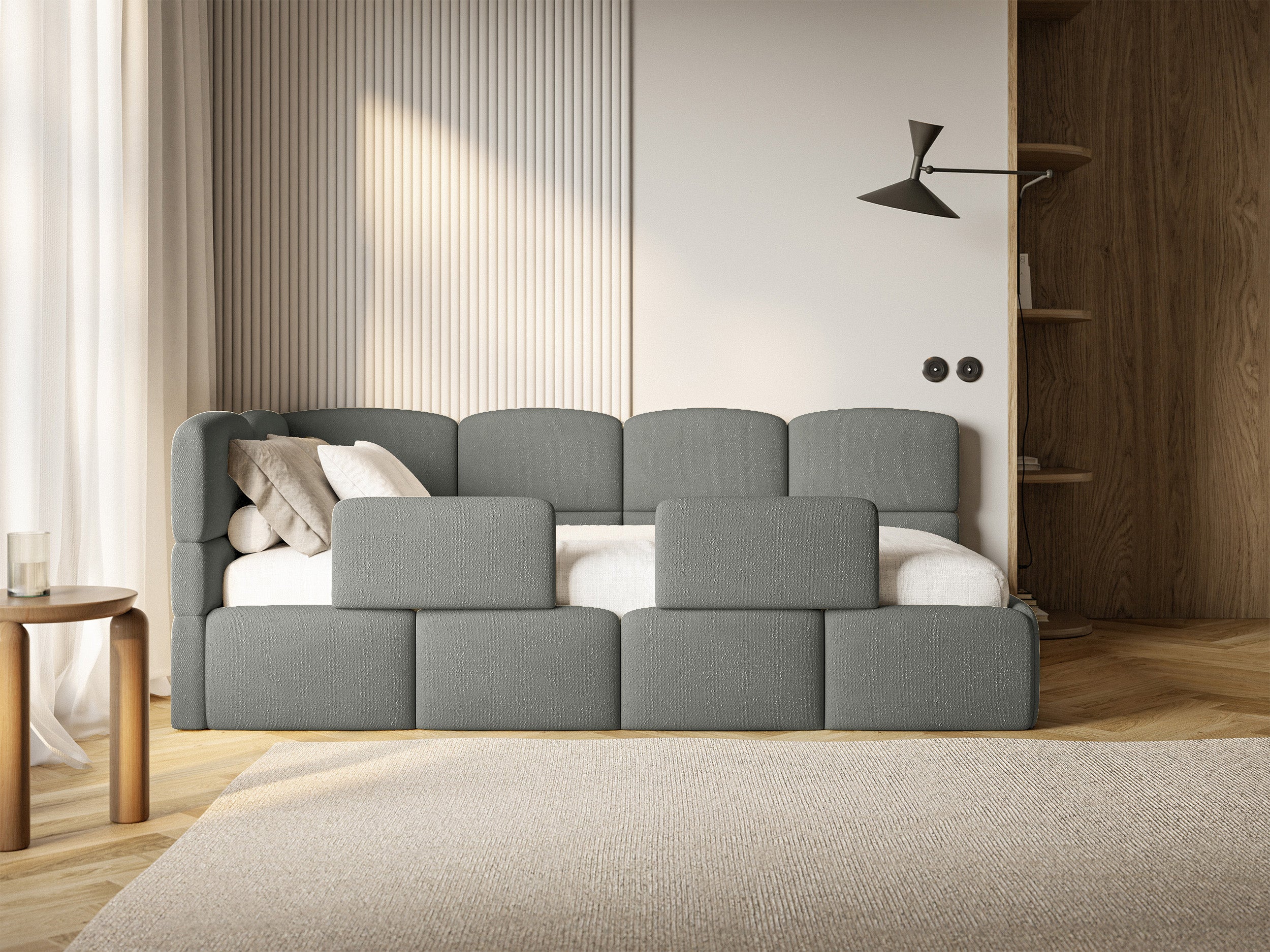 Jugendbett 90x200 cm Cloudy linksseitig mit Stauraum, dunkelgrauer Chenillebezug