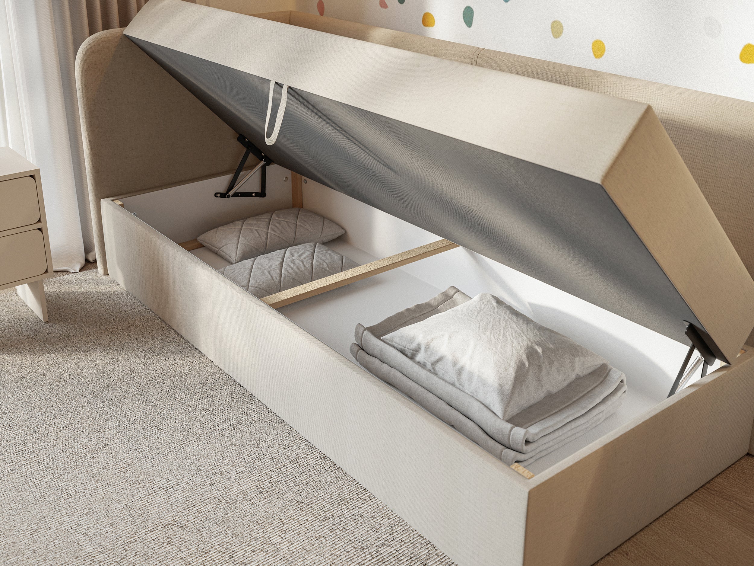 Jugendbett 90x200 cm Calmmo, linksseitig, mit Stauraum, hellbeige Chenille, wasserabweisend