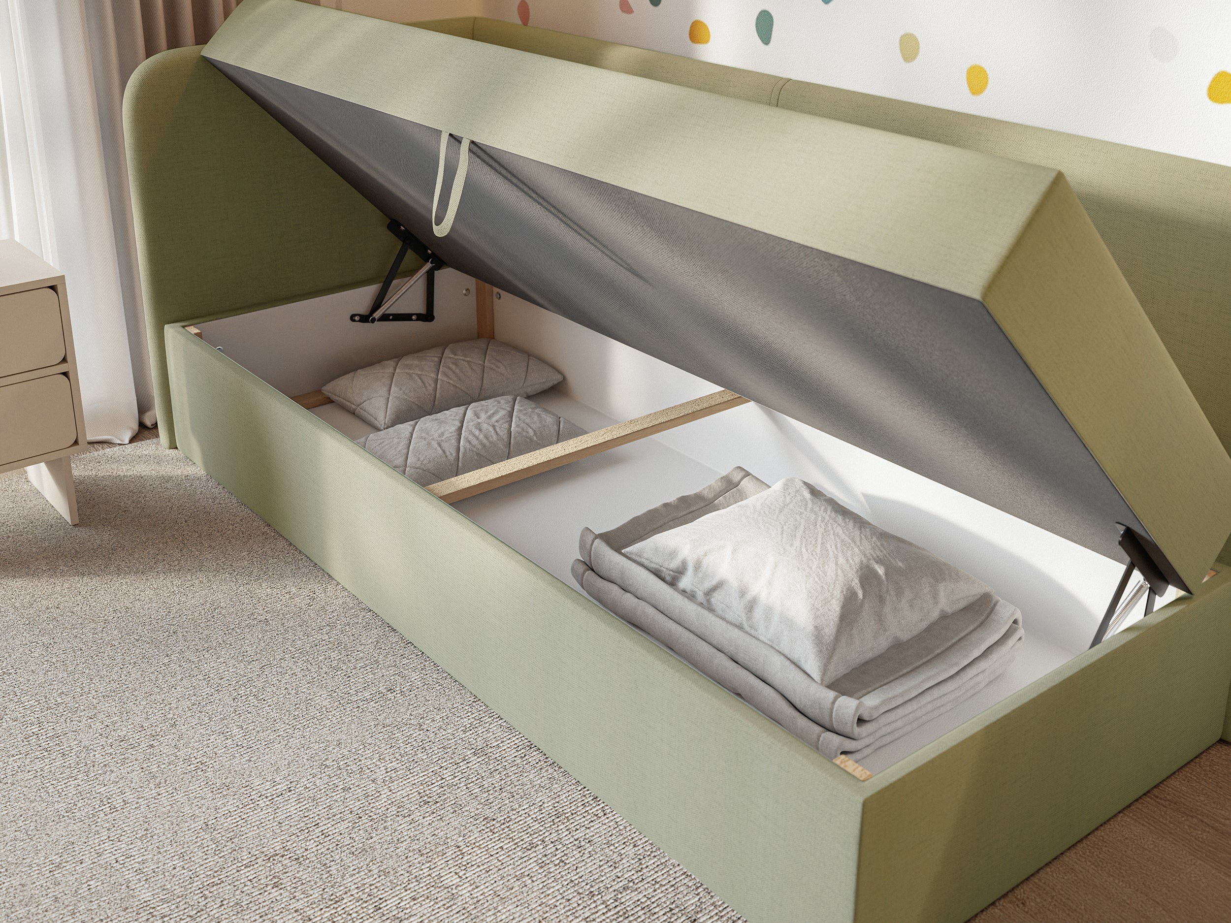 Jugendbett 90x200 cm Calmmo linksseitig mit Stauraum, olivgrüner hydrophober Chenille-Stoff