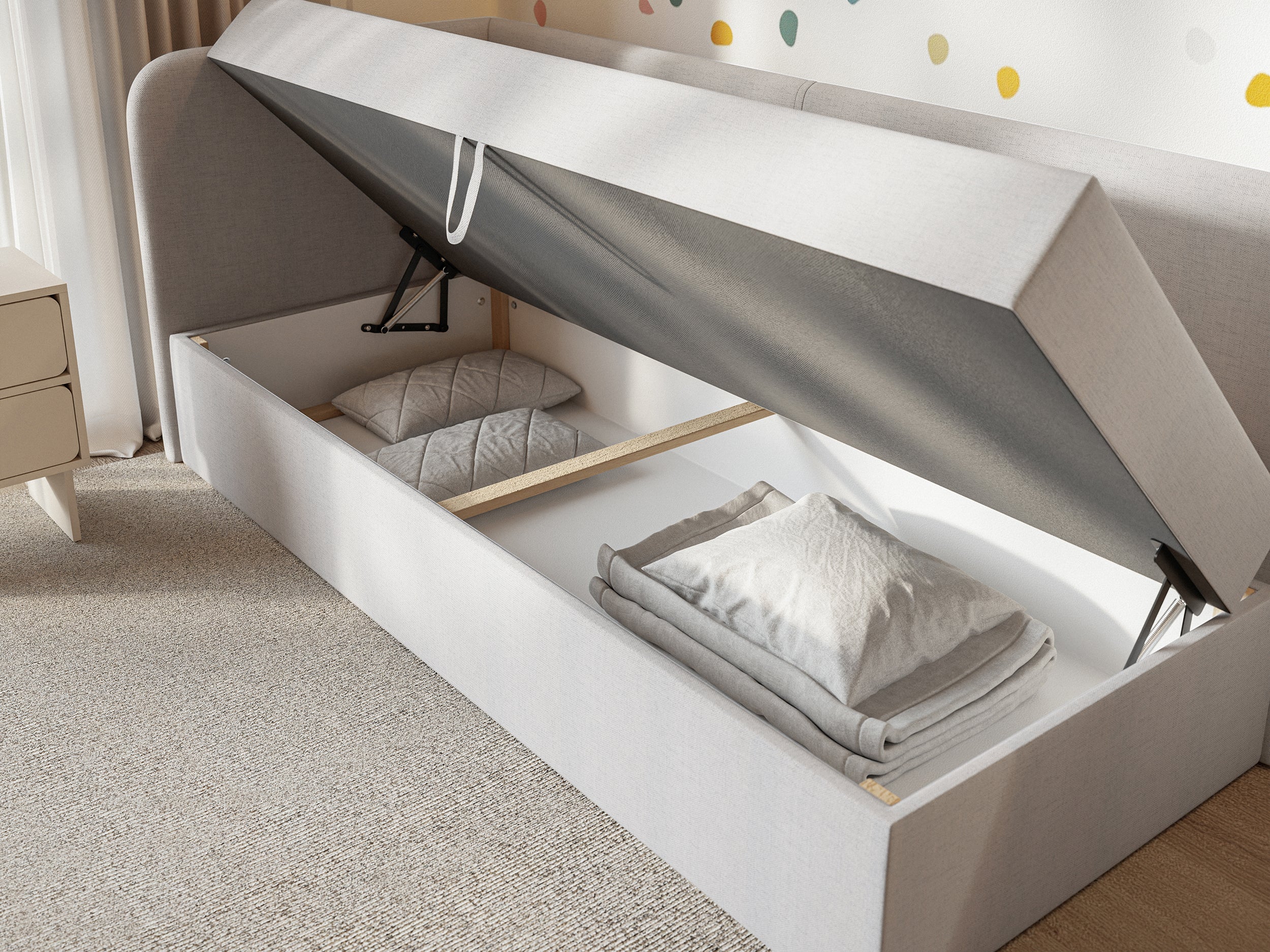 Jugendbett 90x200 cm Calmmo linksseitig mit Stauraum hellgrauer hydrophober Chenille-Stoff