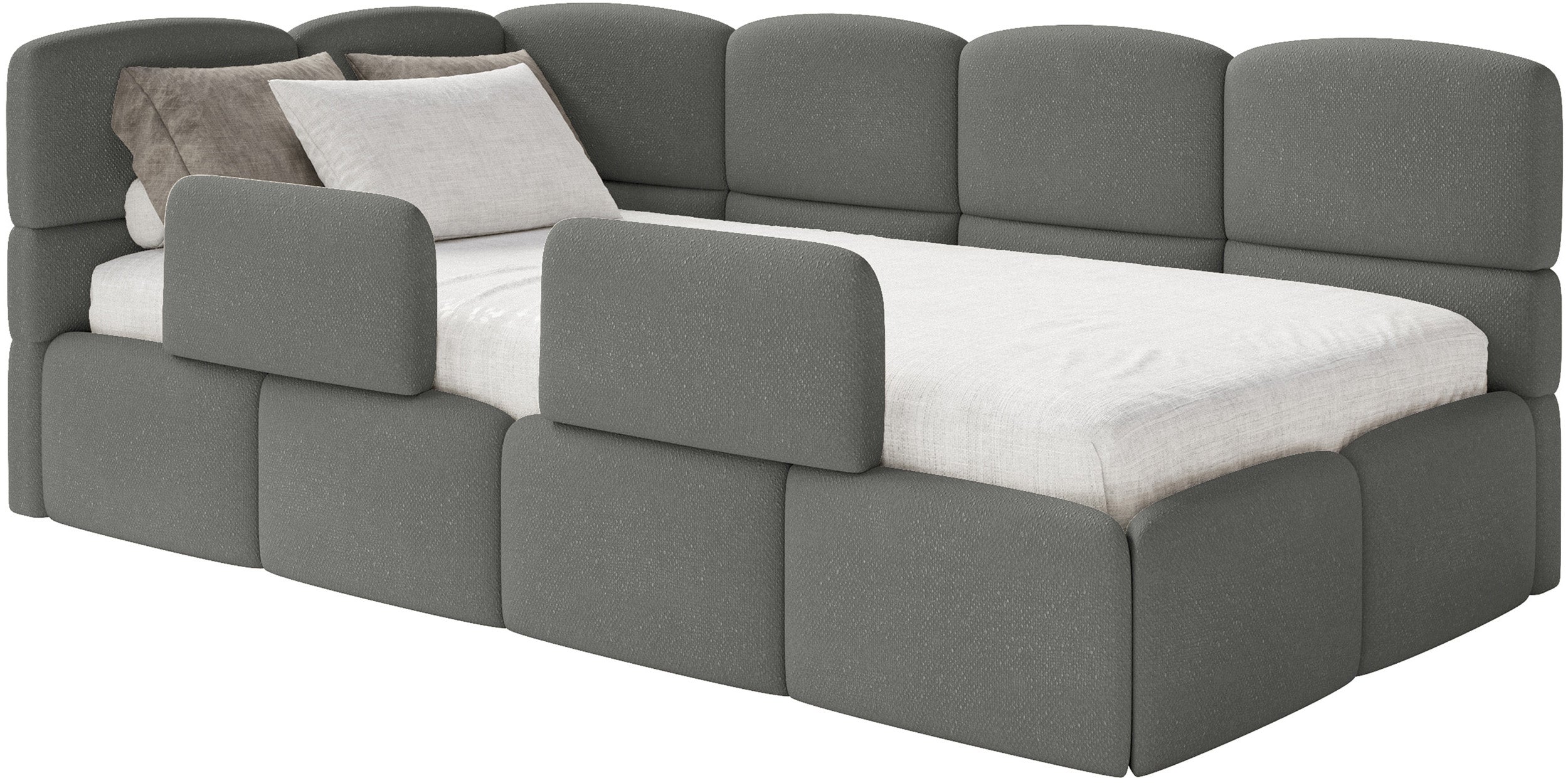 Jugendbett 90x200 cm Cloudy linksseitig mit Stauraum und dunkelgrauen Chenille-Gittern