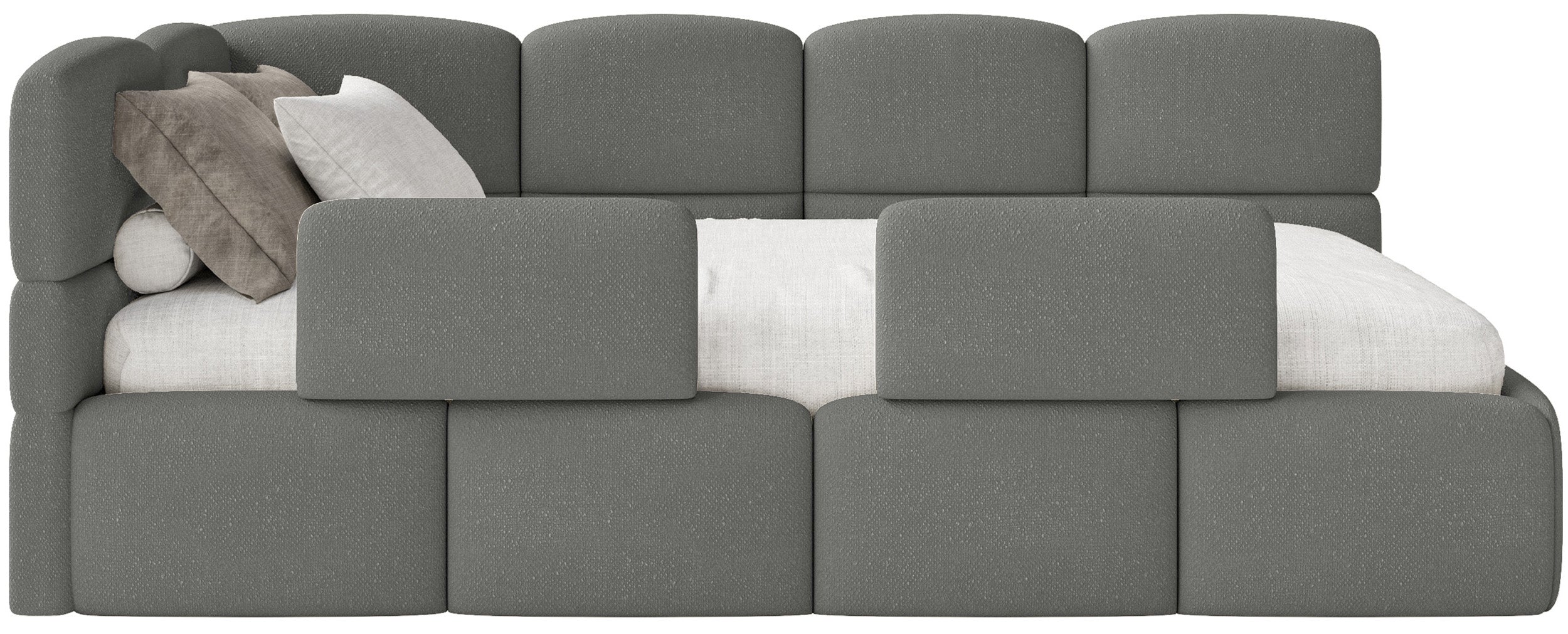 Jugendbett 90x200 cm Cloudy linksseitig mit Stauraum und dunkelgrauen Chenille-Gittern