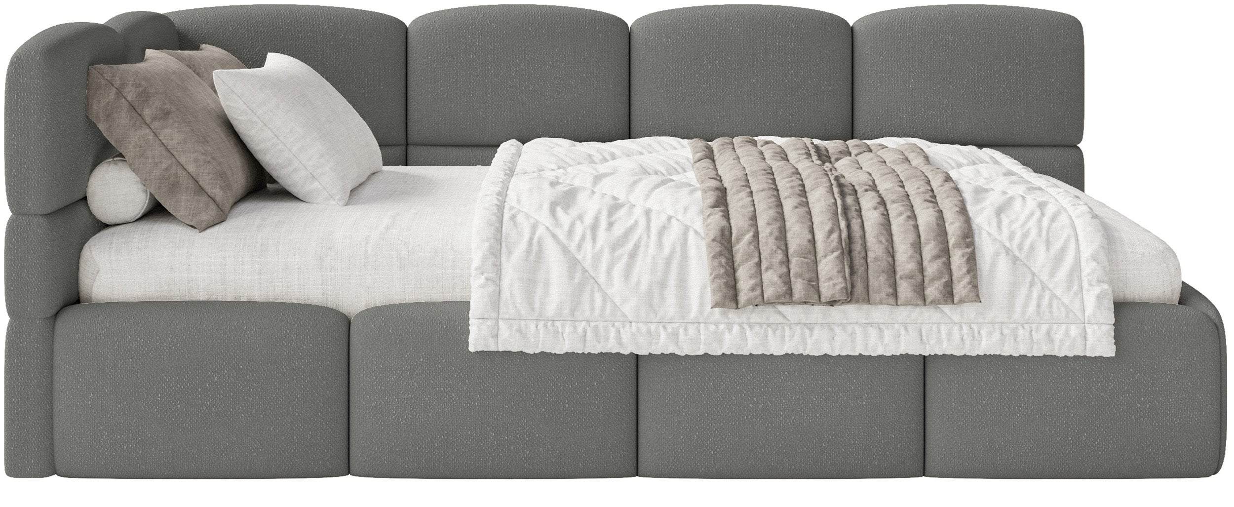 Jugendbett 90x200 cm Cloudy linksseitig mit Stauraum, dunkelgrauer Chenillebezug