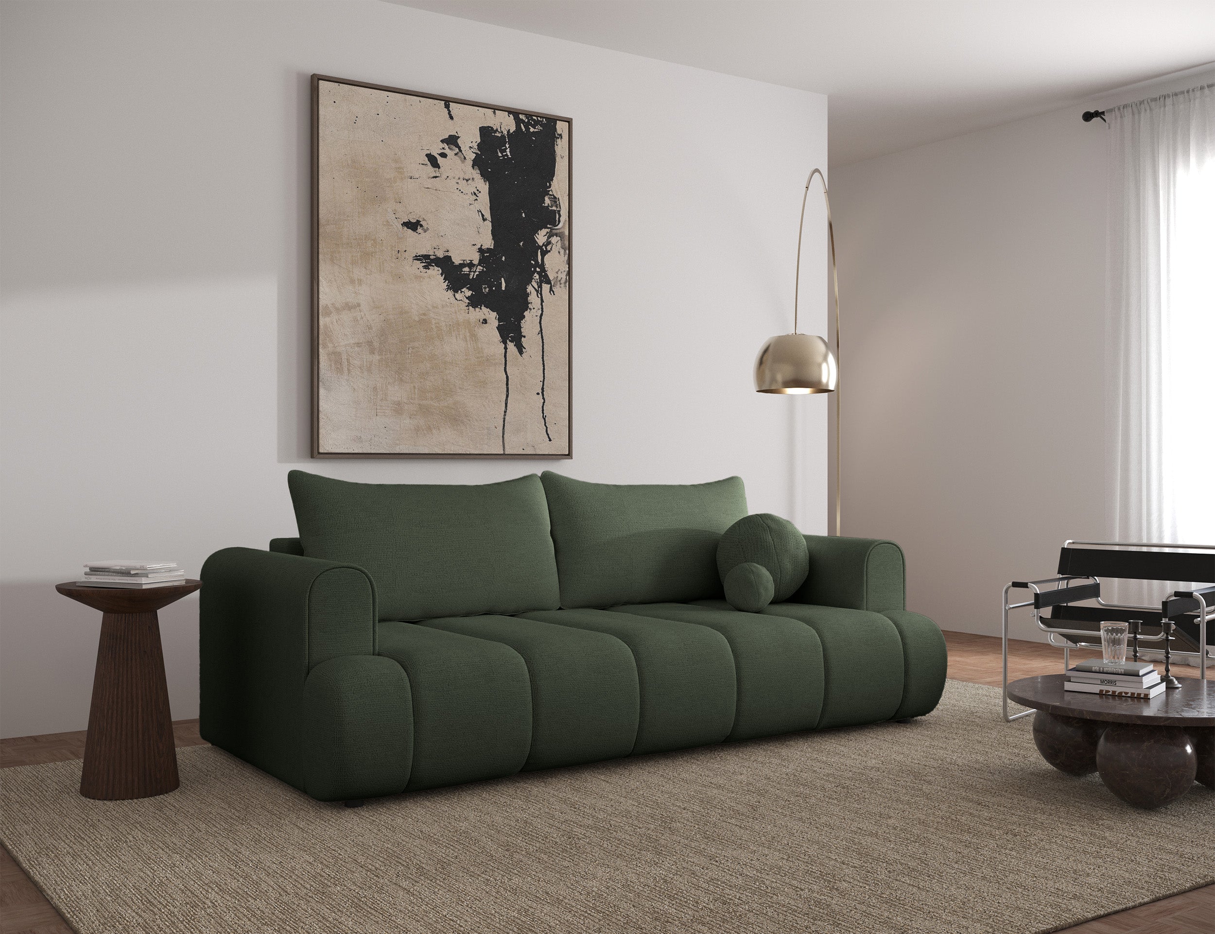 Dreisitziges Sofa Dandelino mit Schlafunktion, grüner hydrophober Chenillestoff