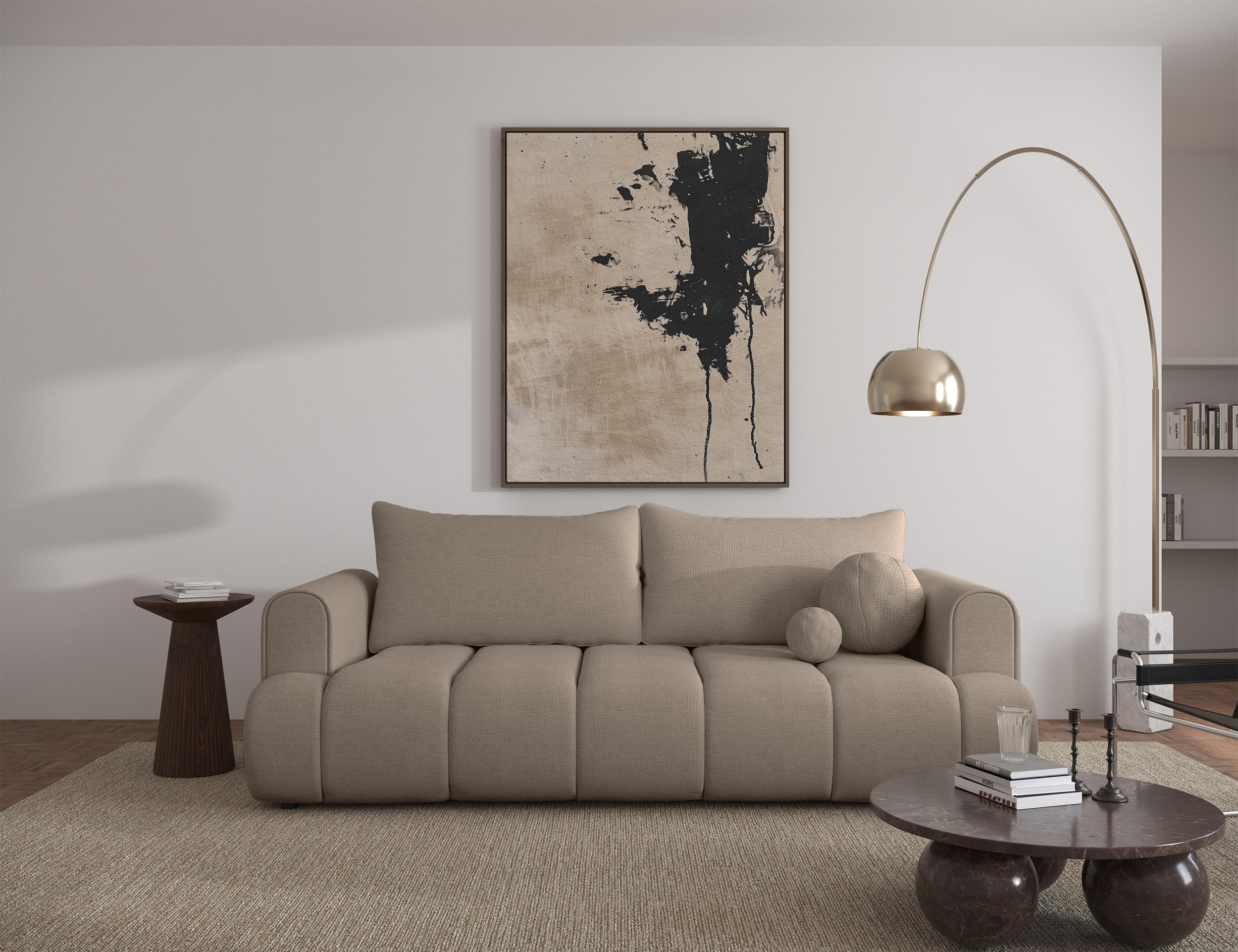 Dreisitziges Sofa Dandelino mit Schlafunktion, beige, hydrophobes Chenille