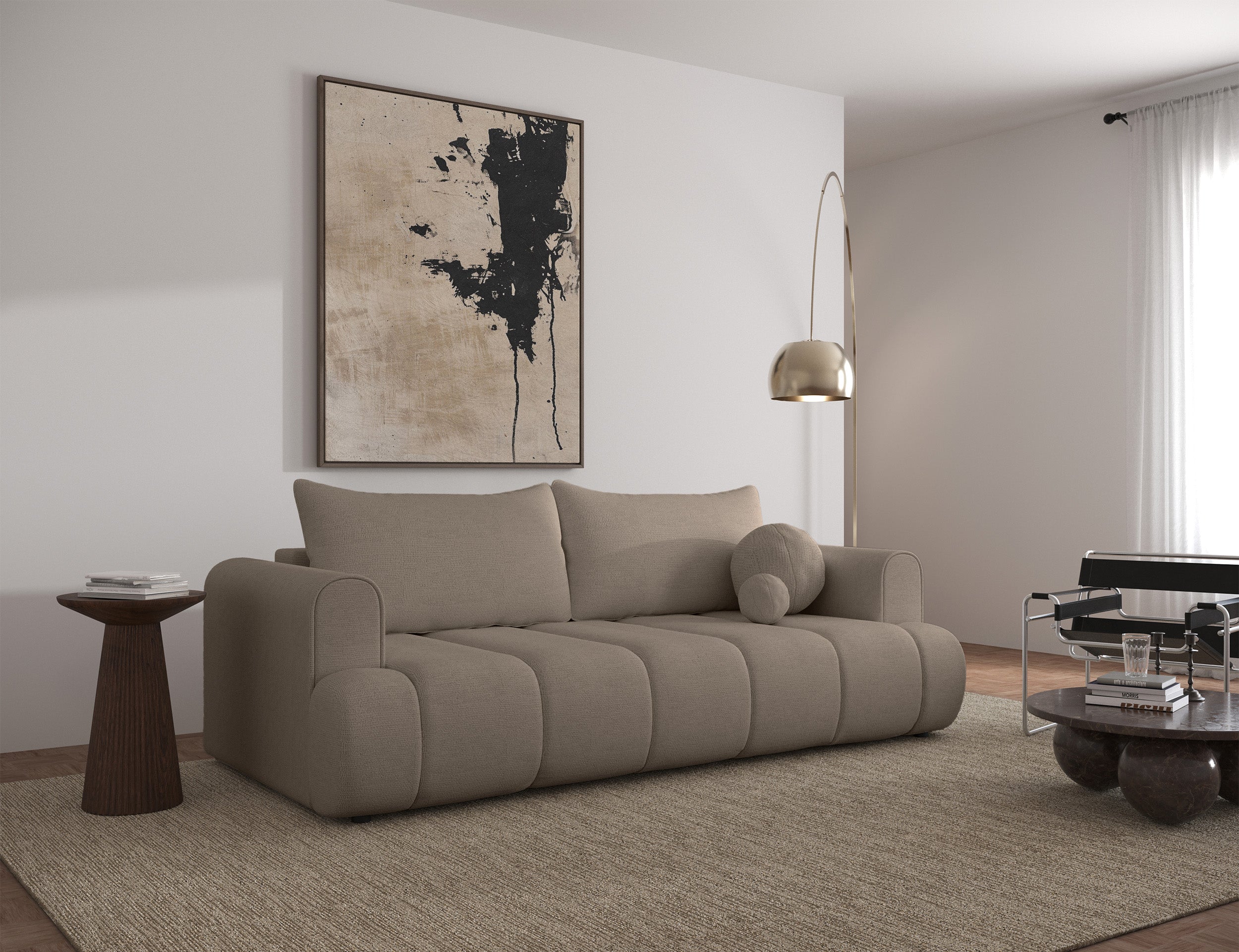 Dreisitziges Sofa Dandelino mit Schlafunktion, beige, hydrophobes Chenille