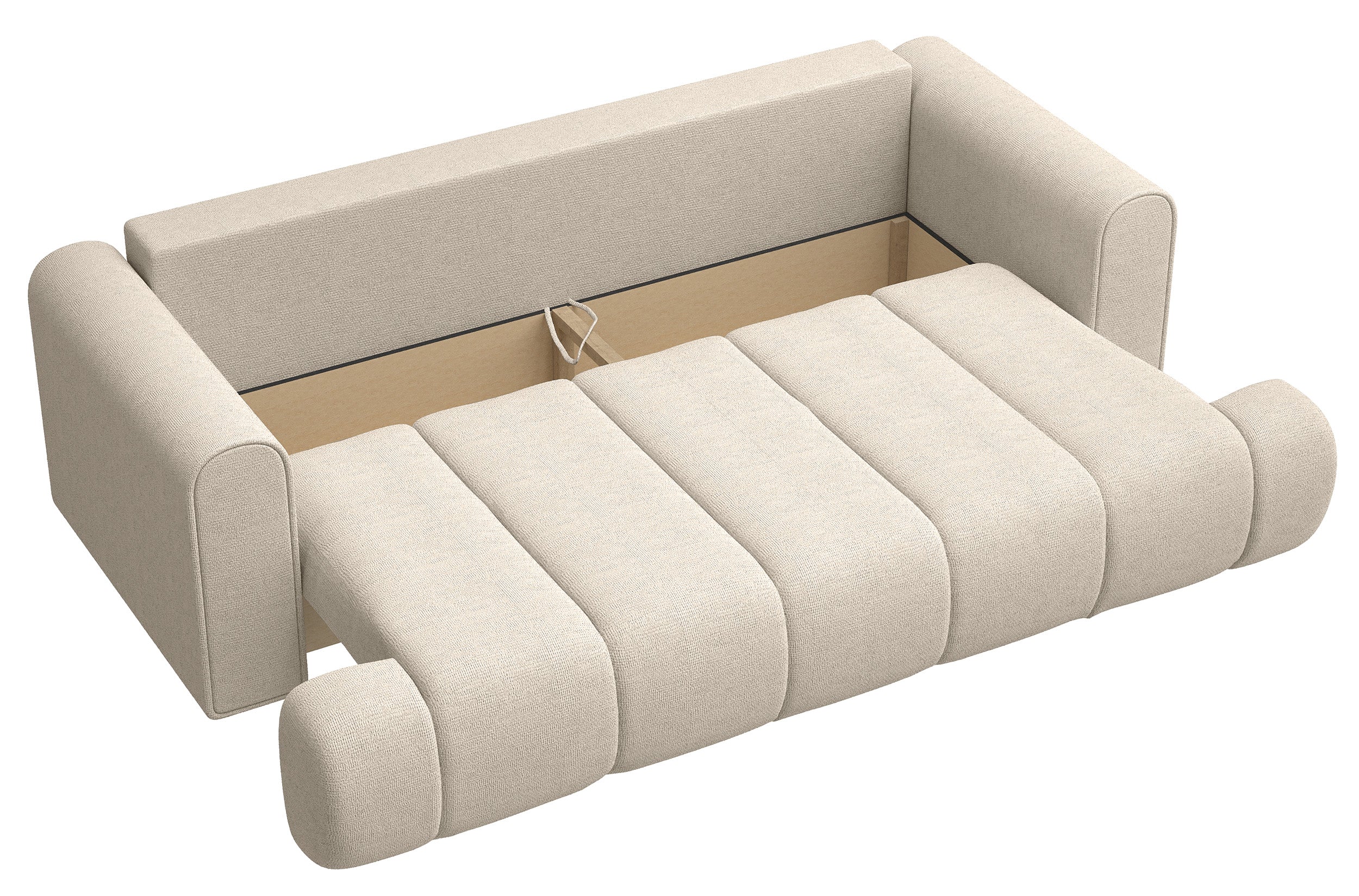 Dreisitziges Sofa Dandelino mit Schlafunktion, hellbeiger hydrophober Chenillestoff