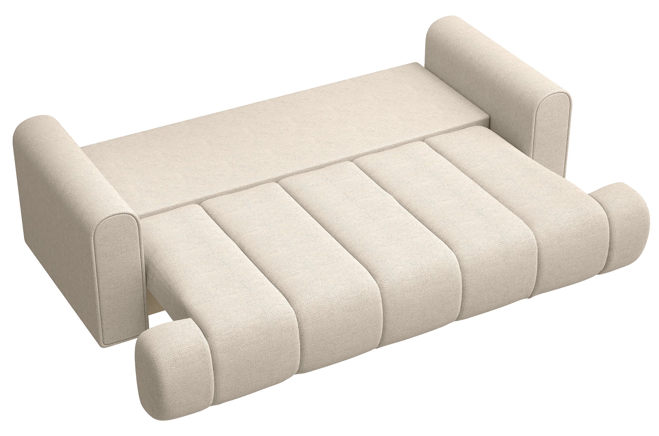 Dreisitziges Sofa Dandelino mit Schlafunktion, hellbeiger hydrophober Chenillestoff