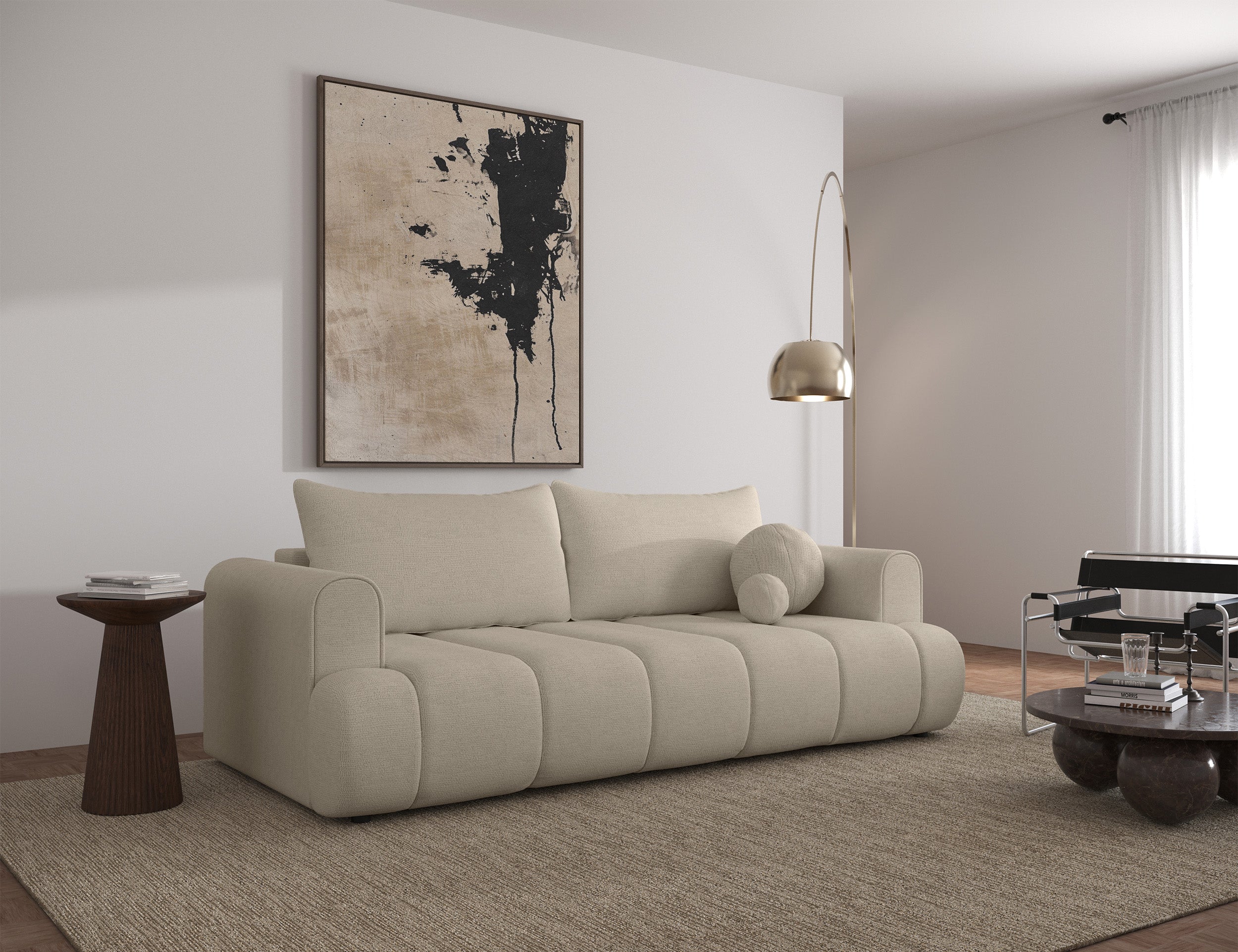 Dreisitziges Sofa Dandelino mit Schlafunktion, hellbeiger hydrophober Chenillestoff